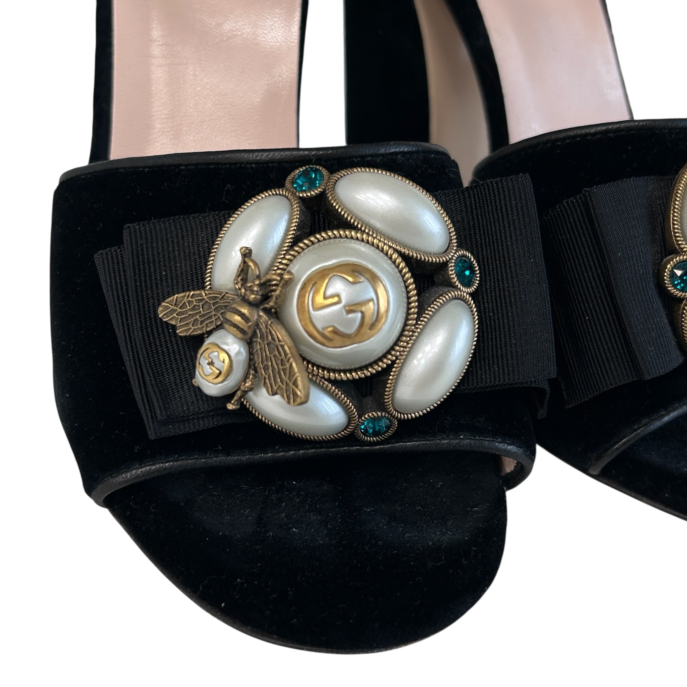 Black Velvet Pearl Bee Logo Heels