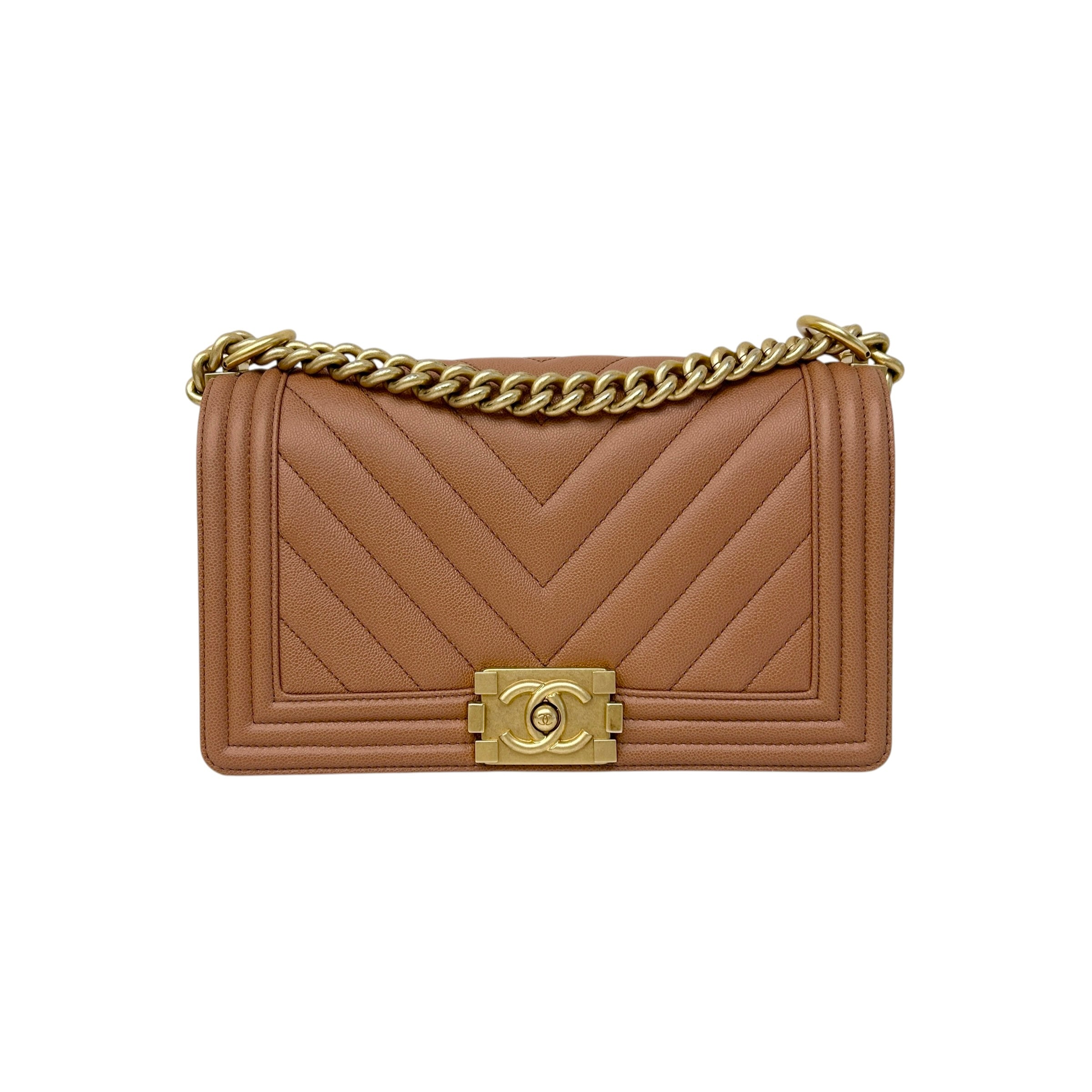 Brown Chevron Quilted Caviar Leather Medium Boy Flap Bag w/AGHW