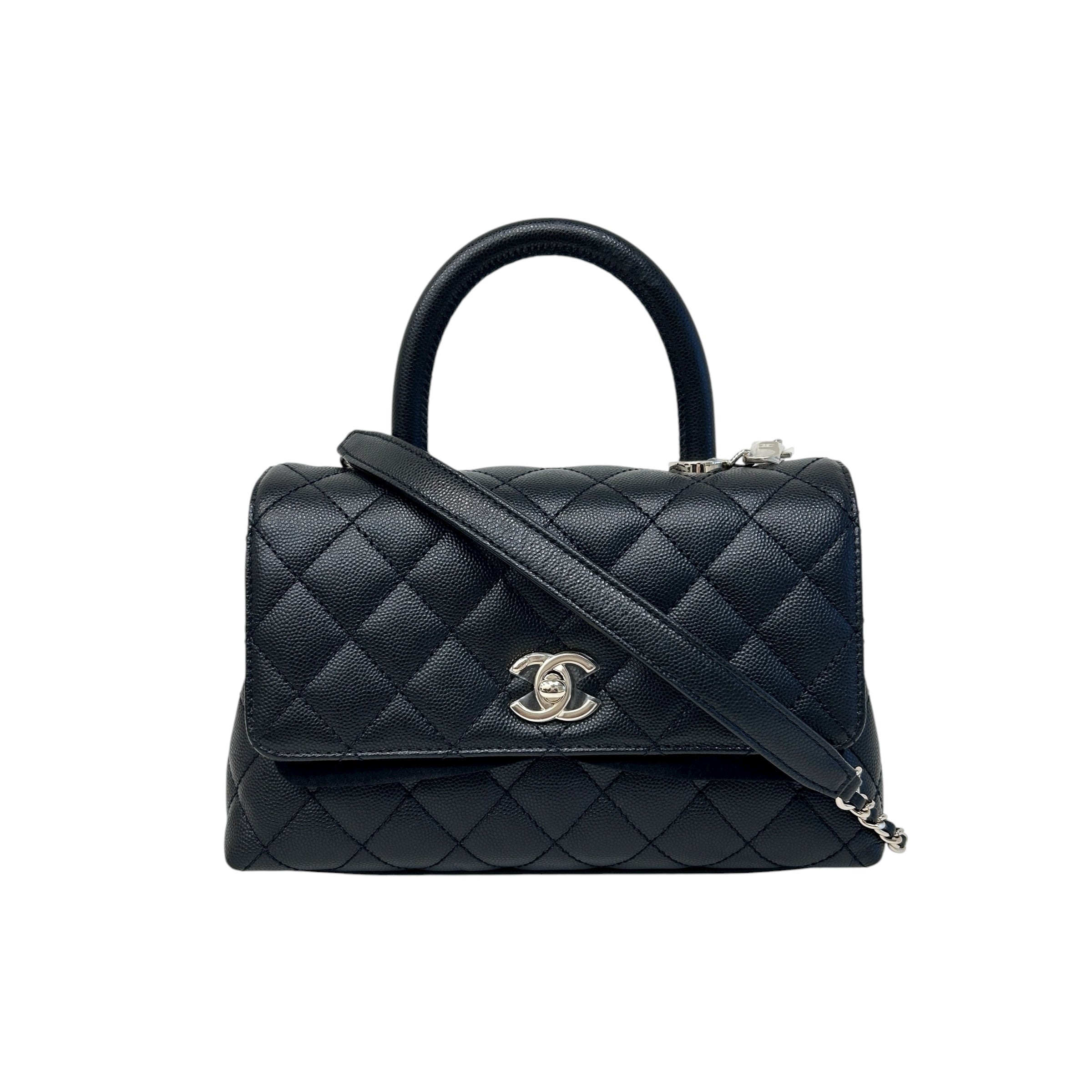 Black Quilted Caviar Leather Mini Coco Handle Bag w/LGHW