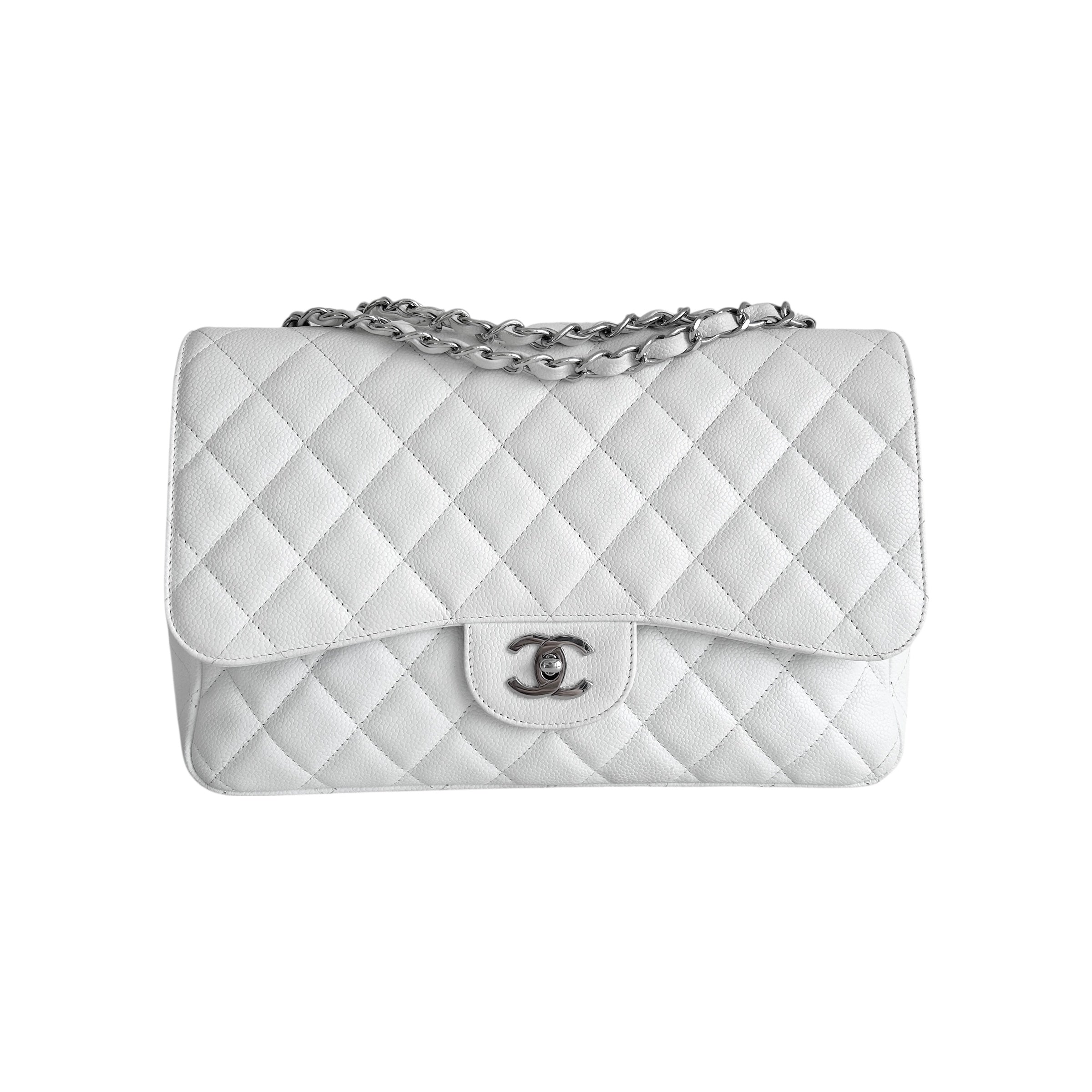 White Caviar Quilted Jumbo Single Flap Bag w/SHW