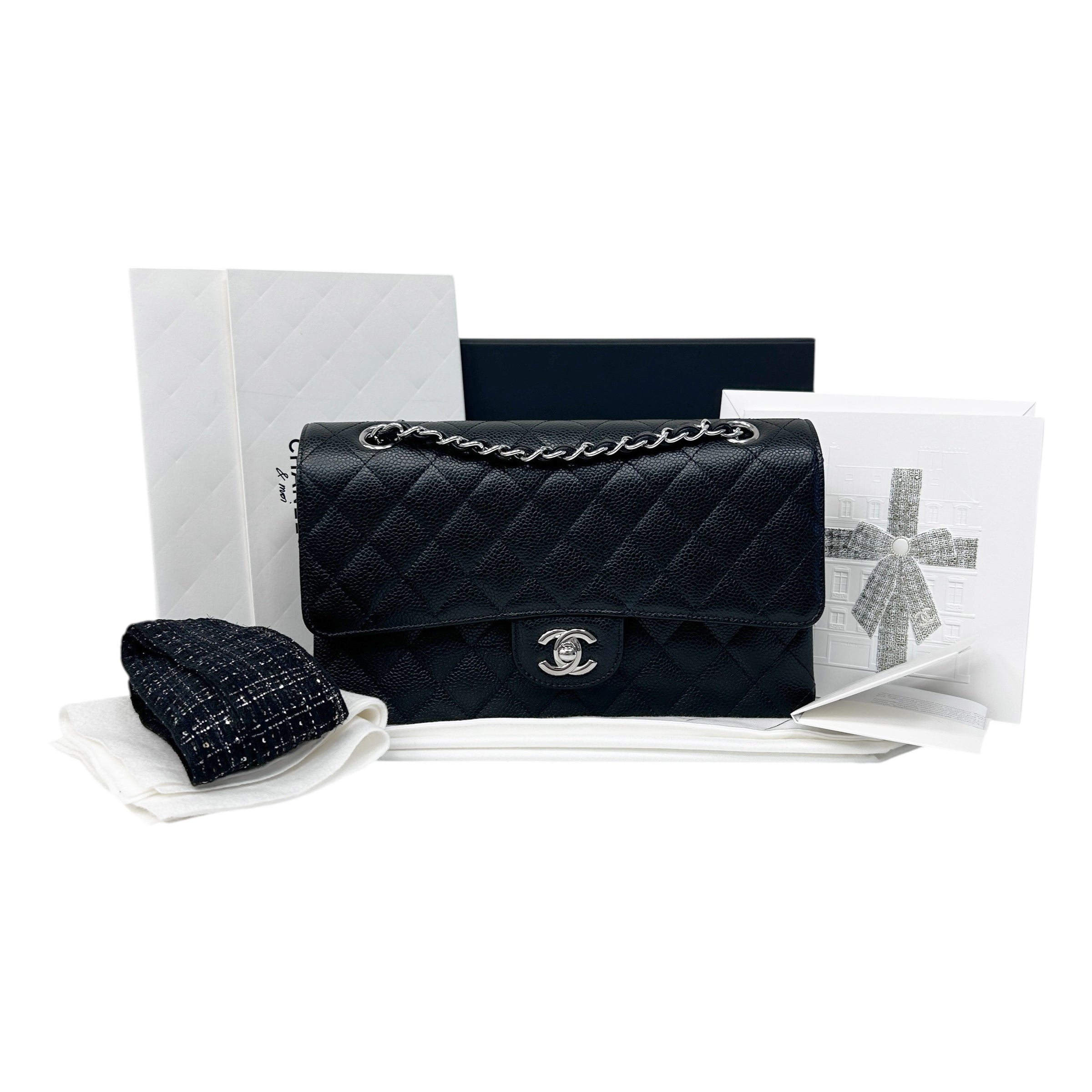 Chanel Black Quilted Caviar Leather Classic Medium Double Flap Bag w/SHW