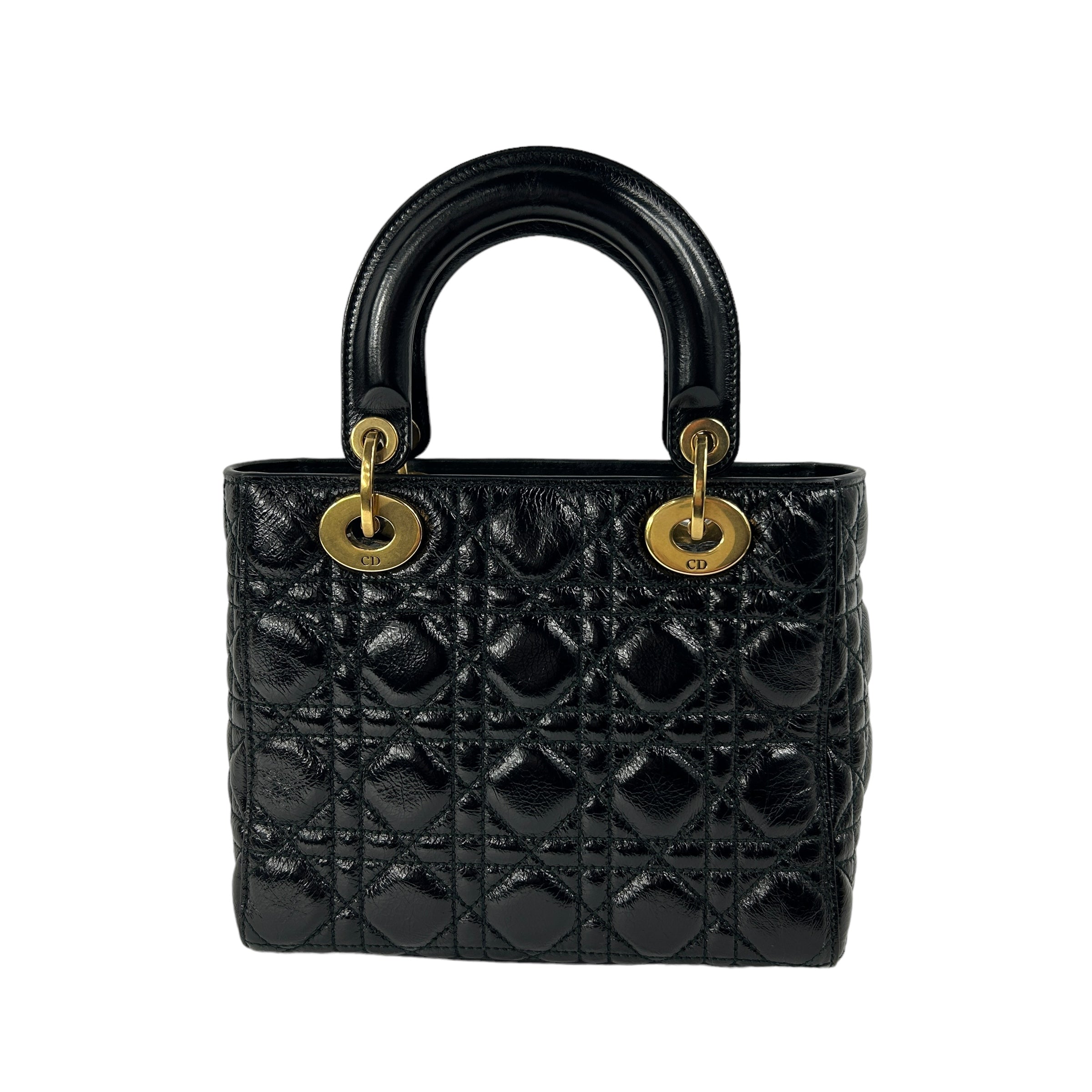 Black aged Glazed Calfskin Small Lady Dior w/AGHW