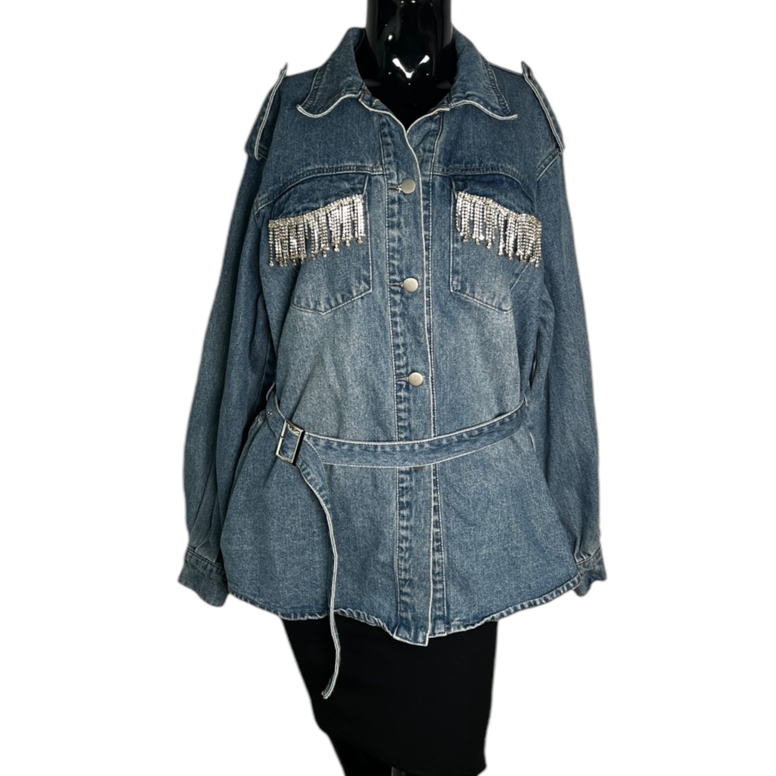 MY DEAREST Light Blue Denim Belted Jacket w/ Pocket Fringe Crystals