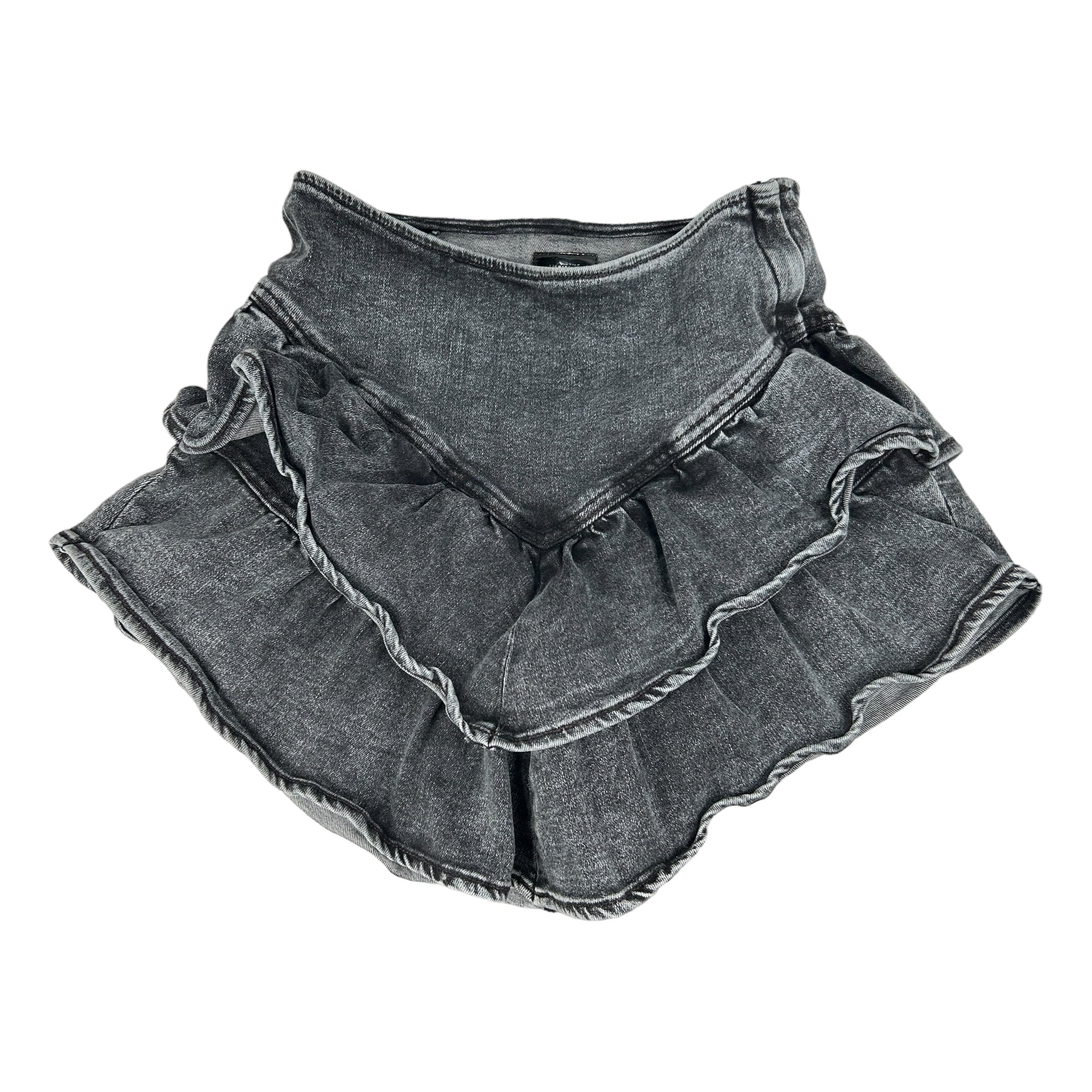 MOTHER Black Acid Washed Ruffle Mini Denim Skirt