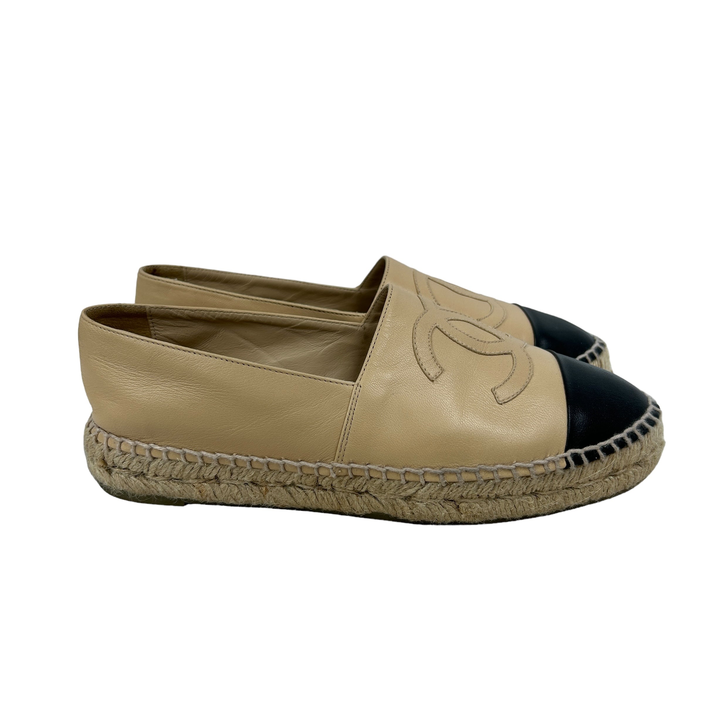 Two Tone Nude/Black Calfskin Leather Espadrilles