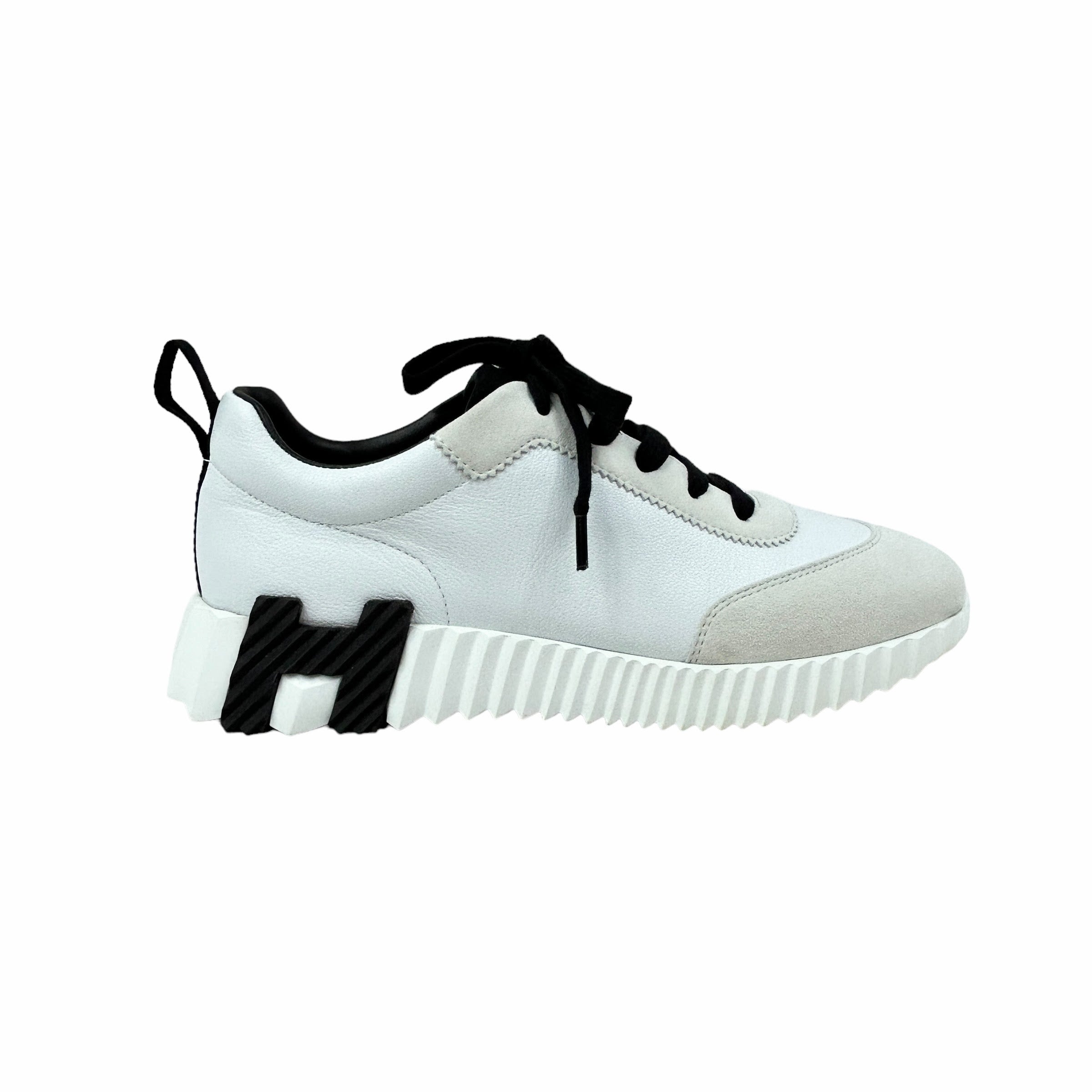 White/Black Suede/ Grained Goatskin Bouncing Sneakers