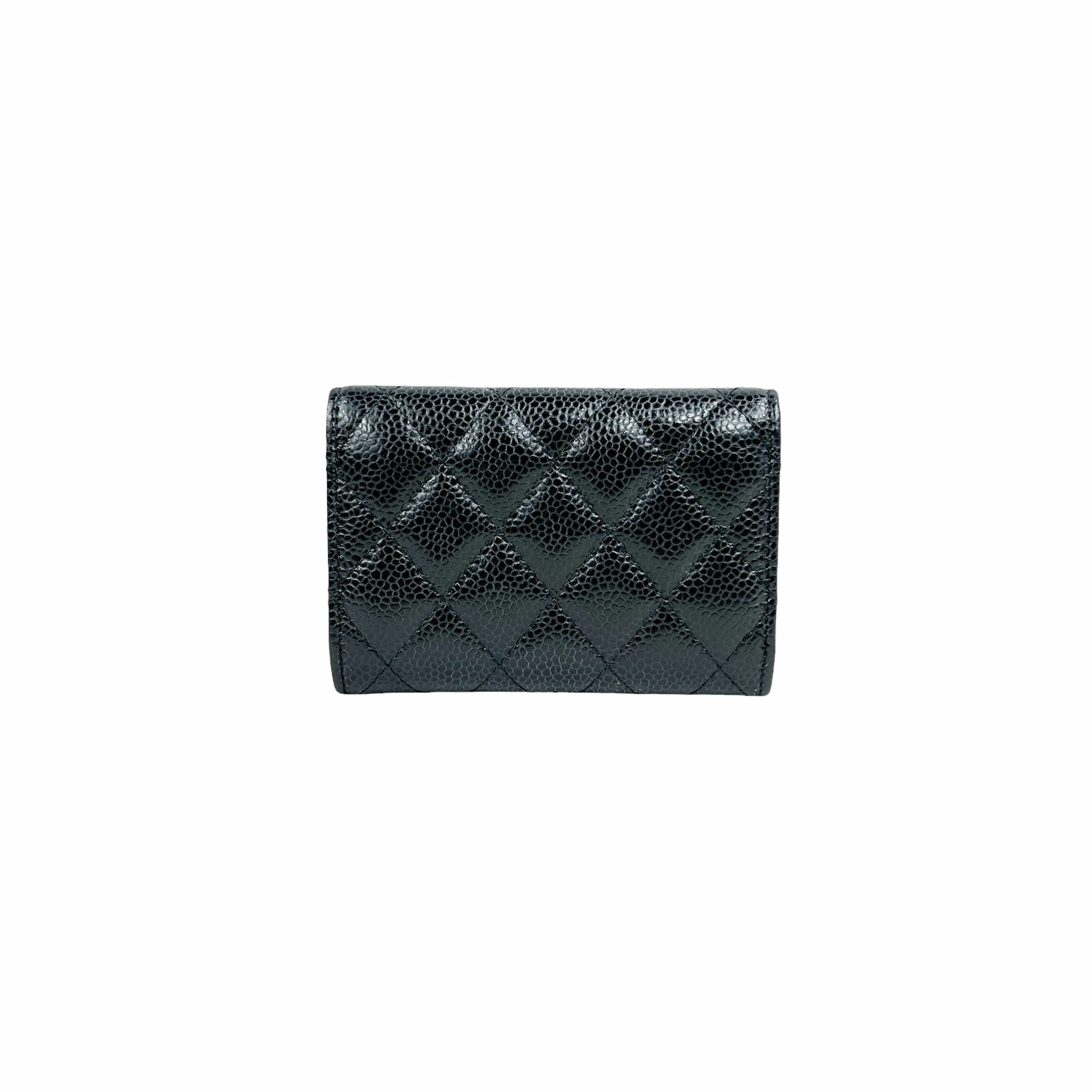 Black Caviar Quilted Card Case Wallet W/GHW