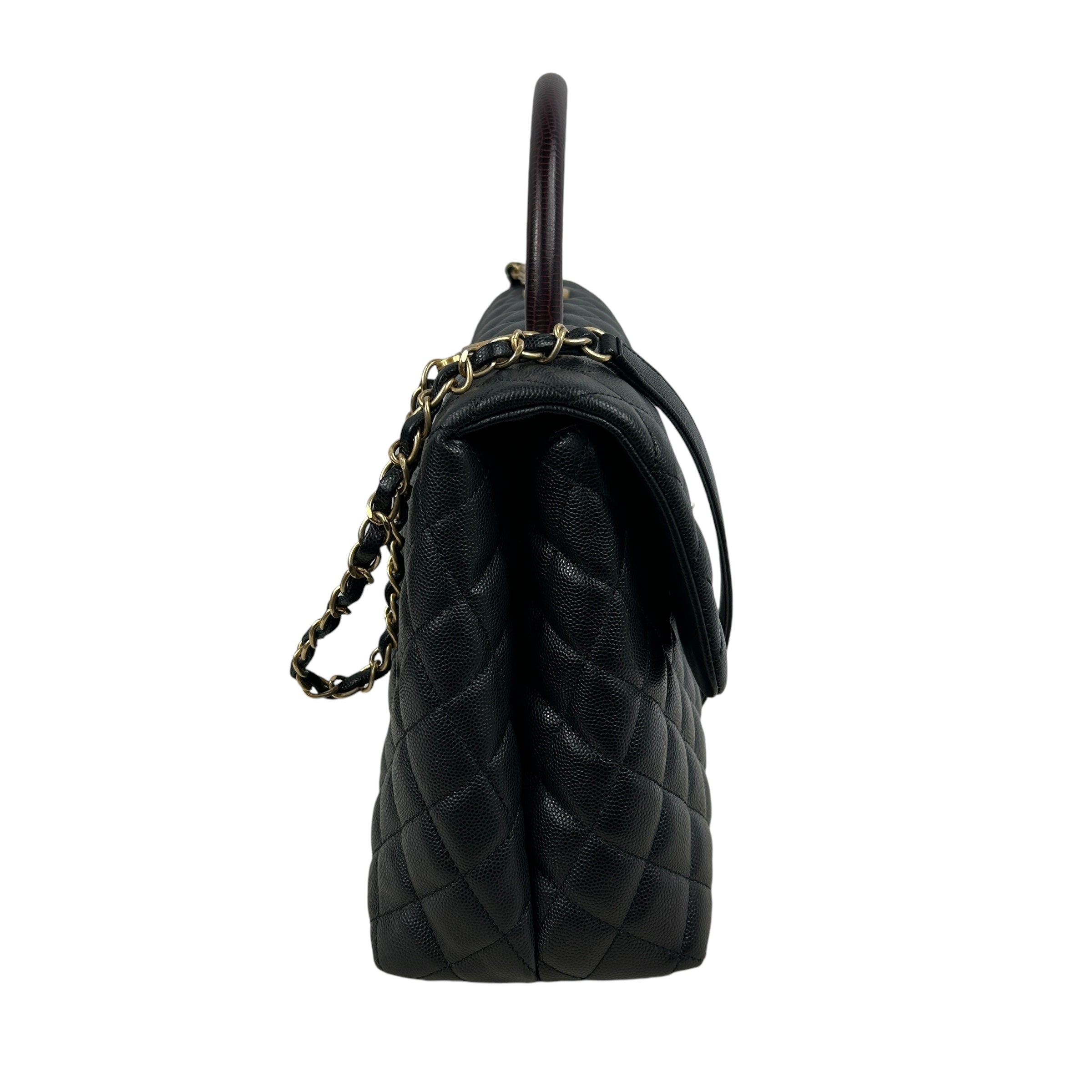 Black Caviar Quilted Coco Top Lizard Handle Large Bag w/AGHW