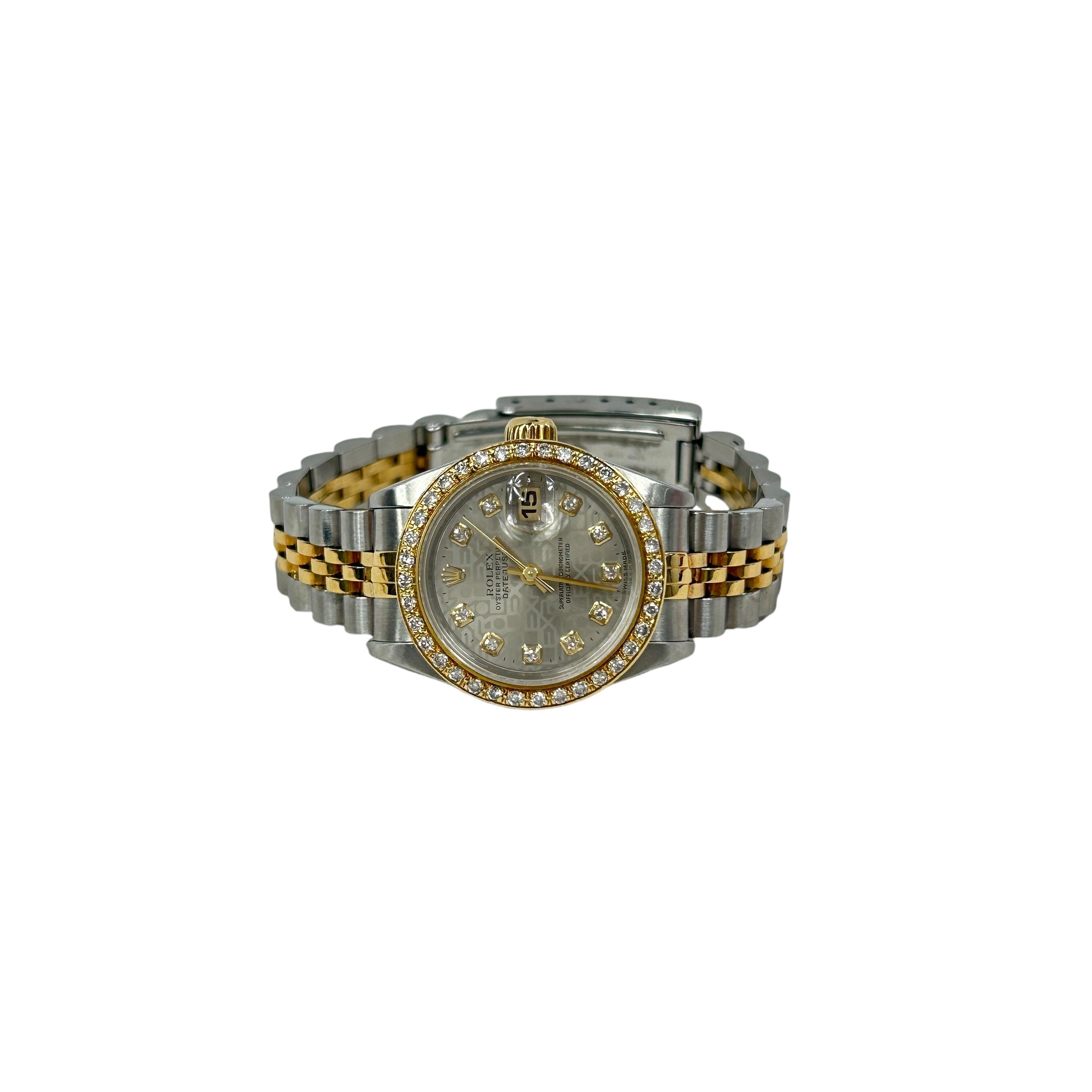 Ladies Oyster Perpetual Datejust Two Tone Silver/18K Yellow Gold Diamond Dial and Diamond Bezel Watch