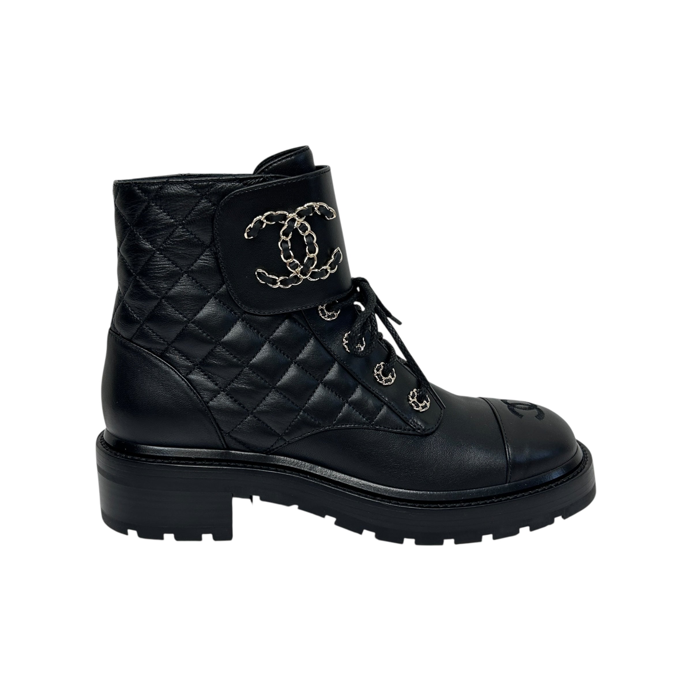Shiny Goatskin Calfskin Quilted Lace Up Combat Boots