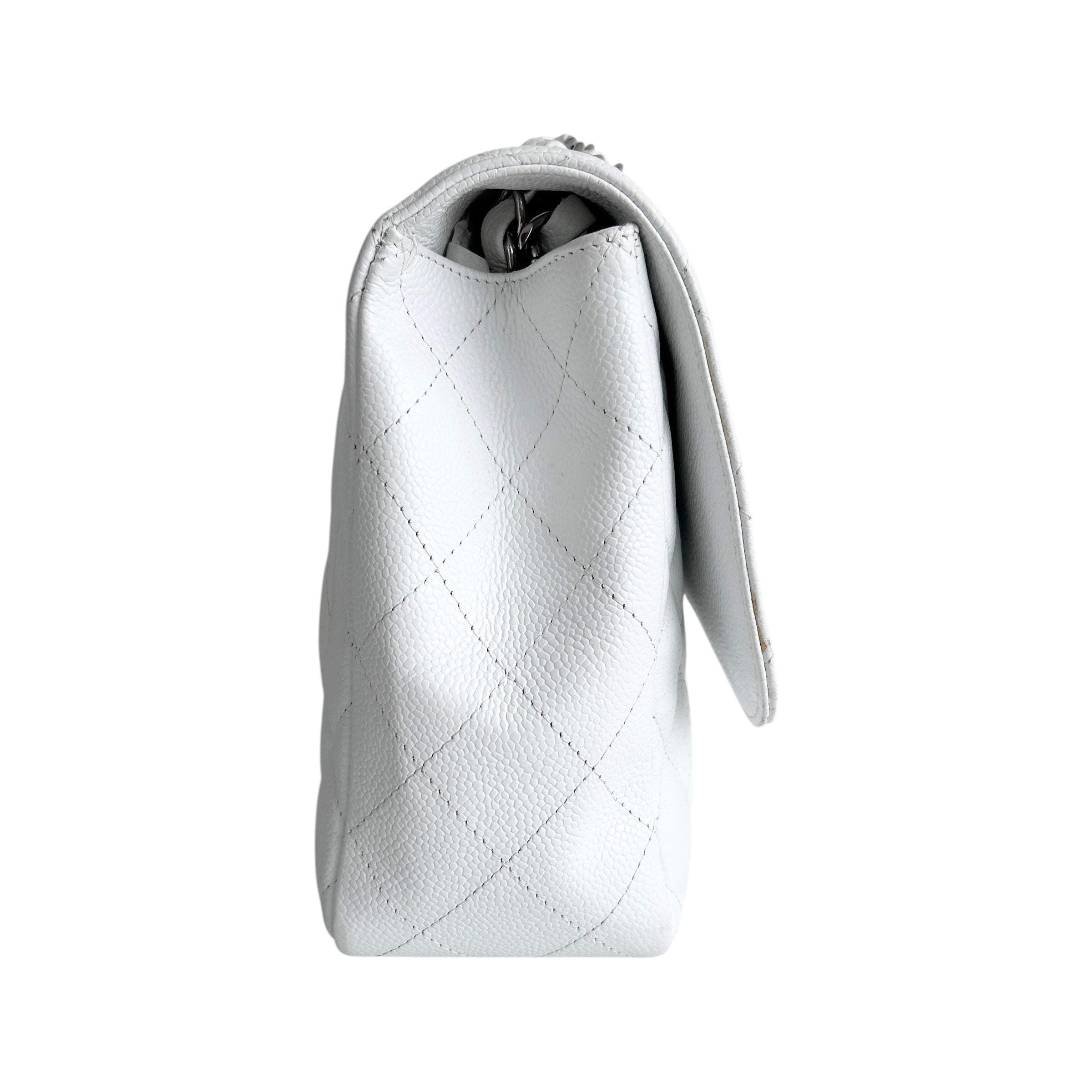 White Caviar Quilted Jumbo Single Flap Bag w/SHW