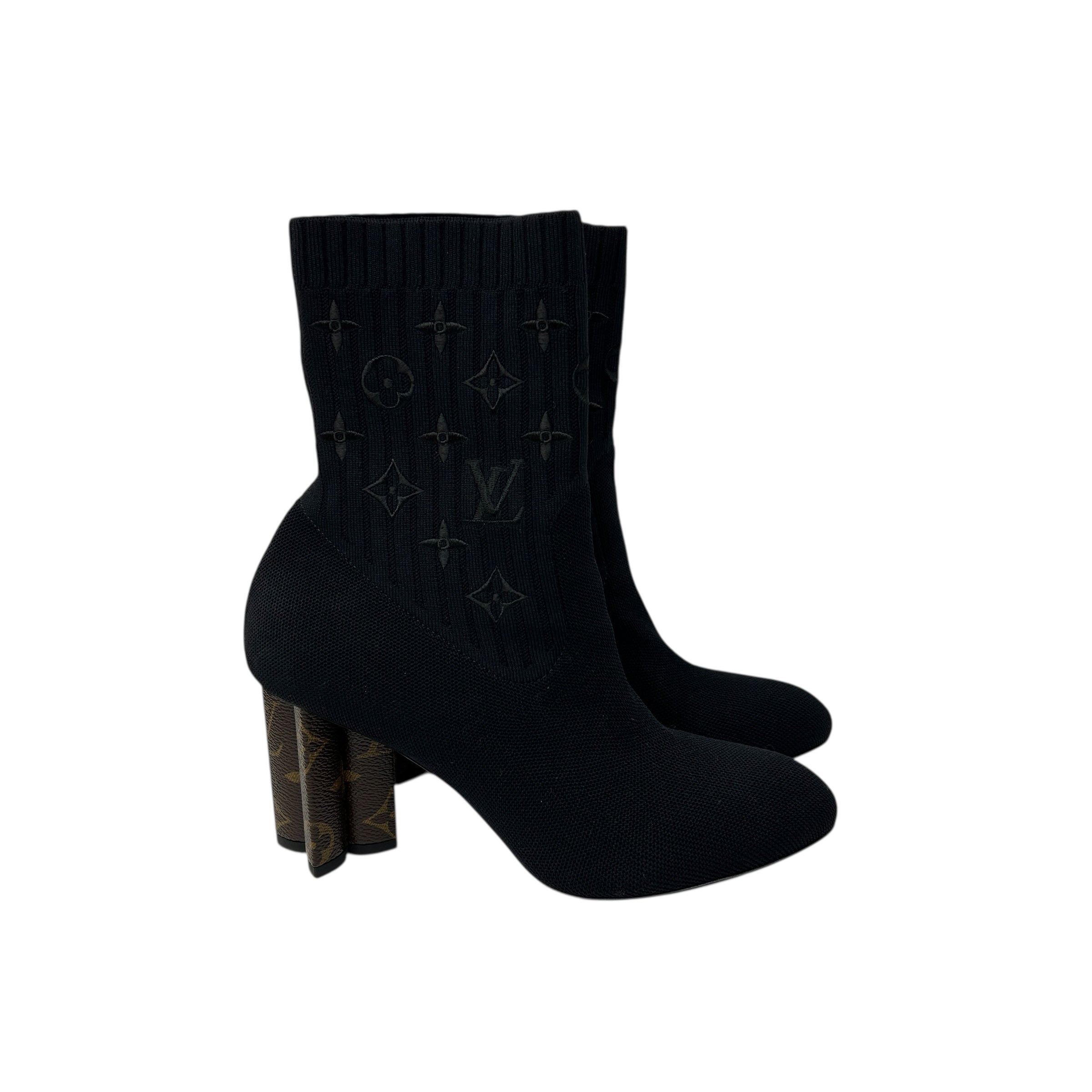 Black Silouette Ankle Boots w/Monogram Block Heel