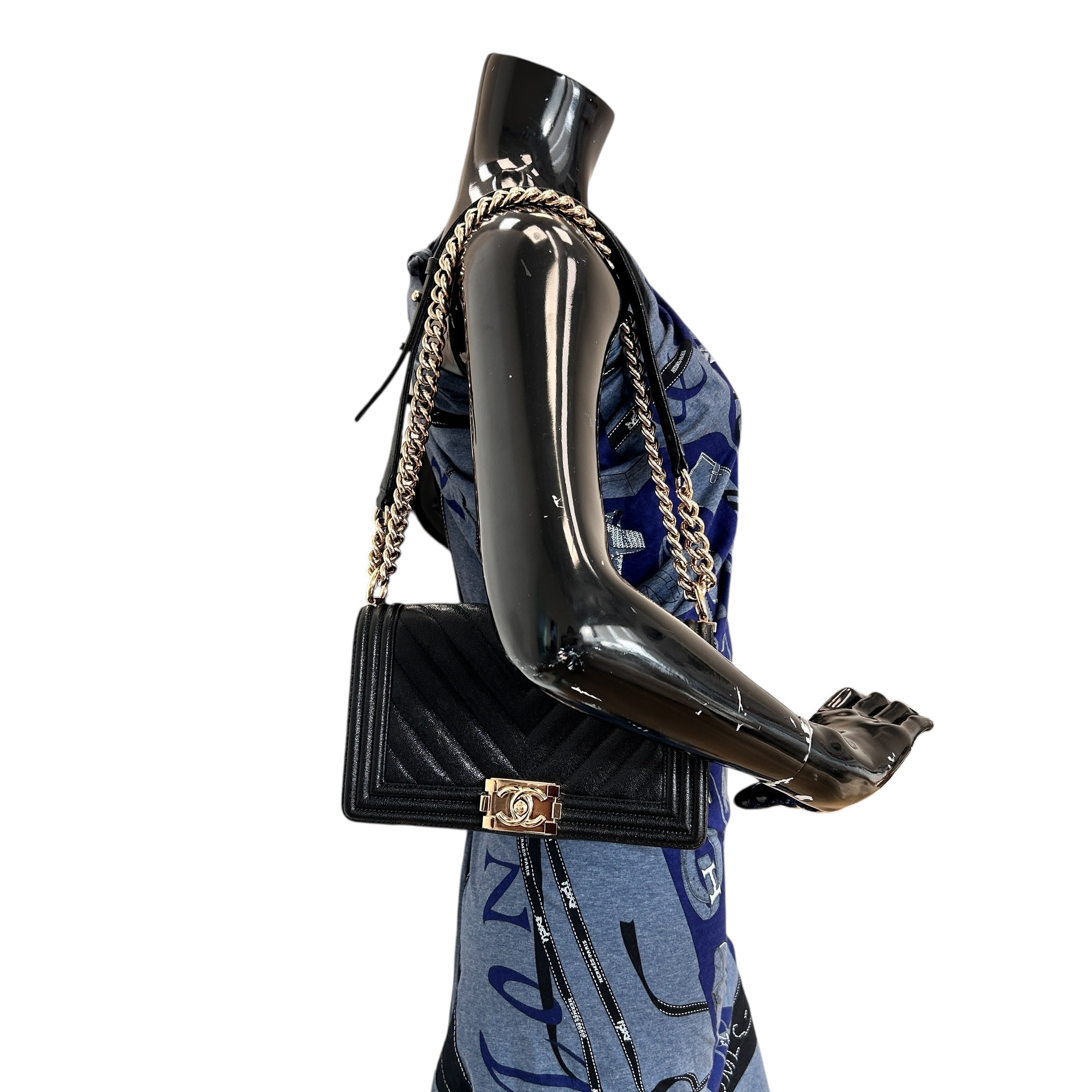 Black Caviar Chevron Old Medium Boy Bag w/LGHW