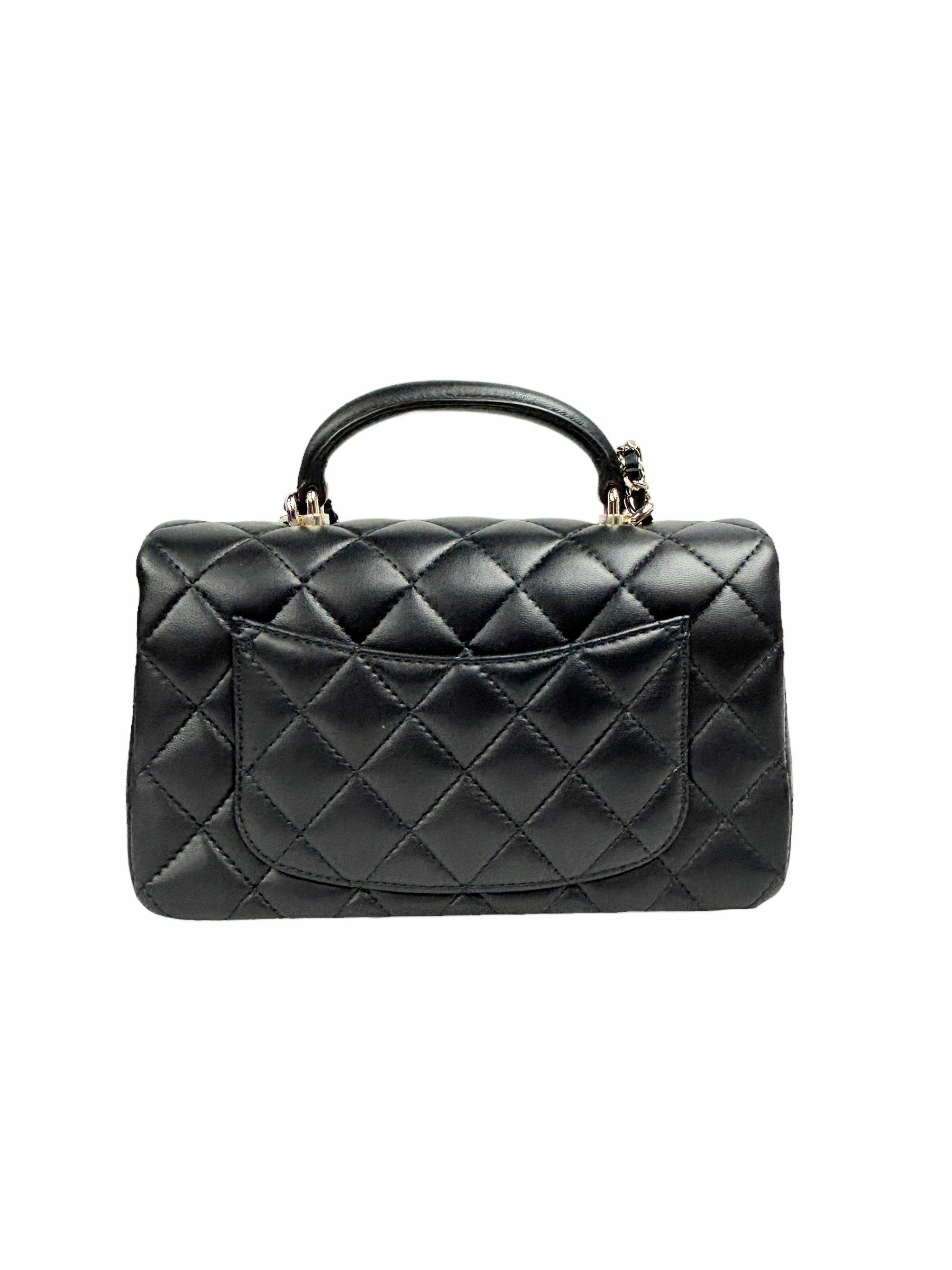 Black Quilted Lambskin Top Handle Mini Classic Rectangle W/LGHW W/Leo Chanel Charm