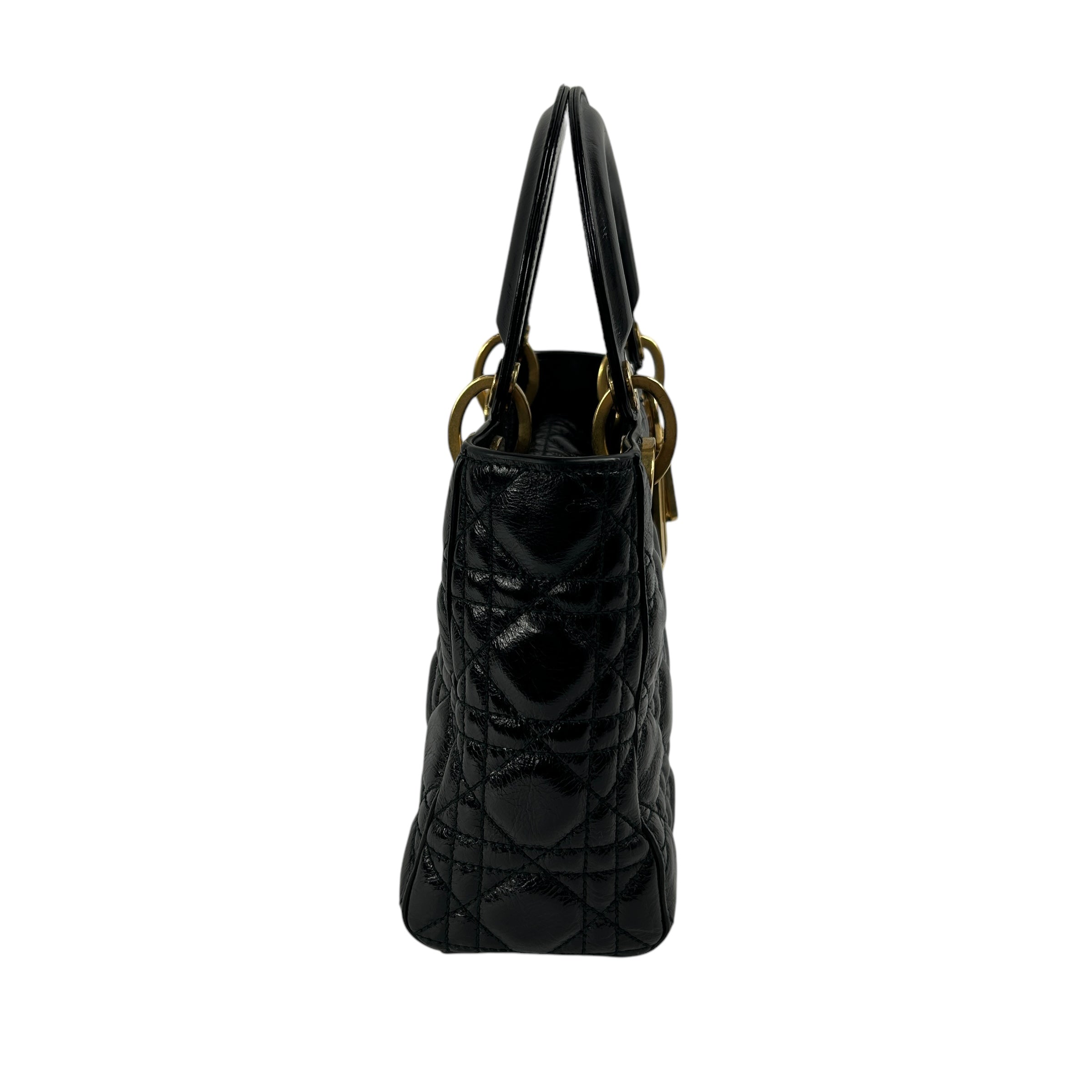 Black aged Glazed Calfskin Small Lady Dior w/AGHW