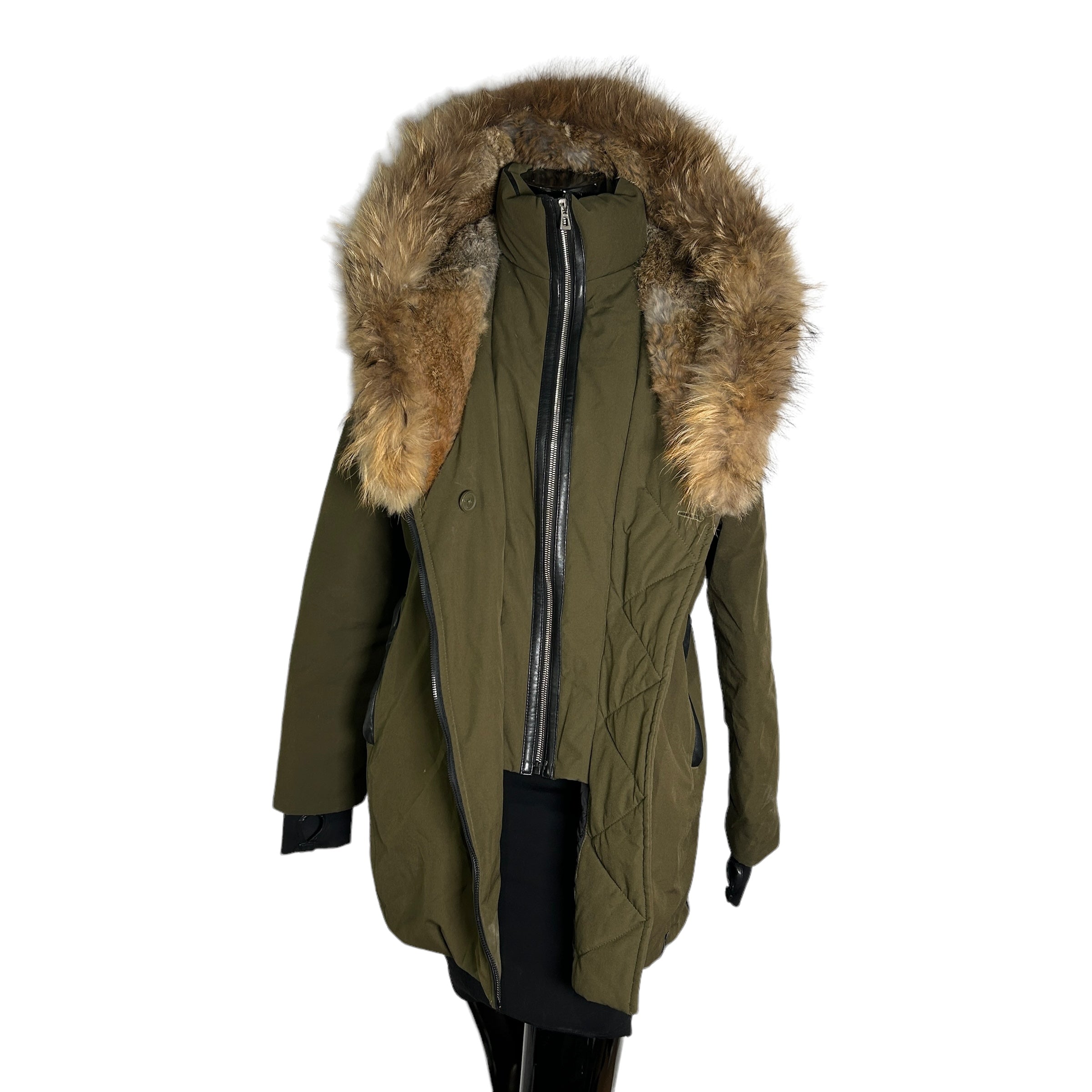 RUDSAK Olive Green Fox Fur Trimmed Long Down Coat