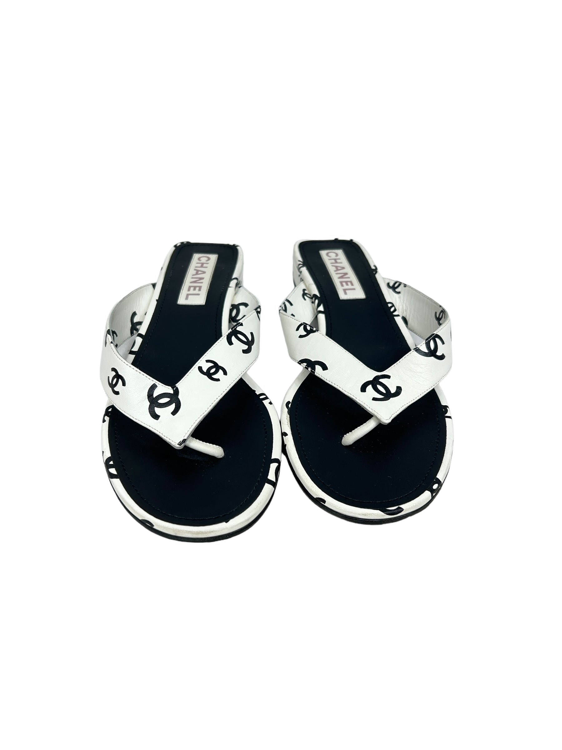 CC White Black Leather Logo Sandals