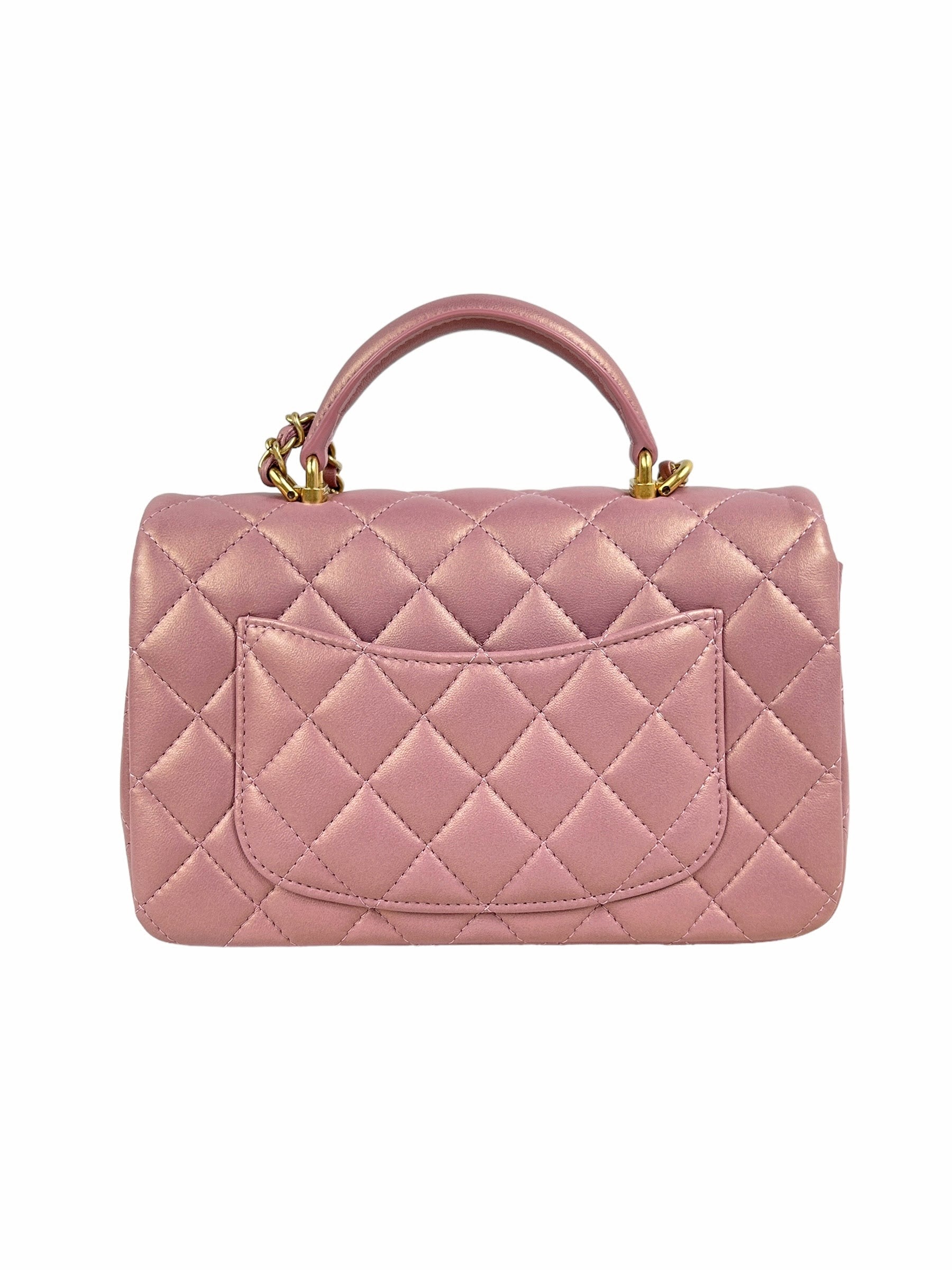 Pink Iridescent Lambskin Leather Quilted Mini Rectangle Top Handle Flap Bag w/AGHW