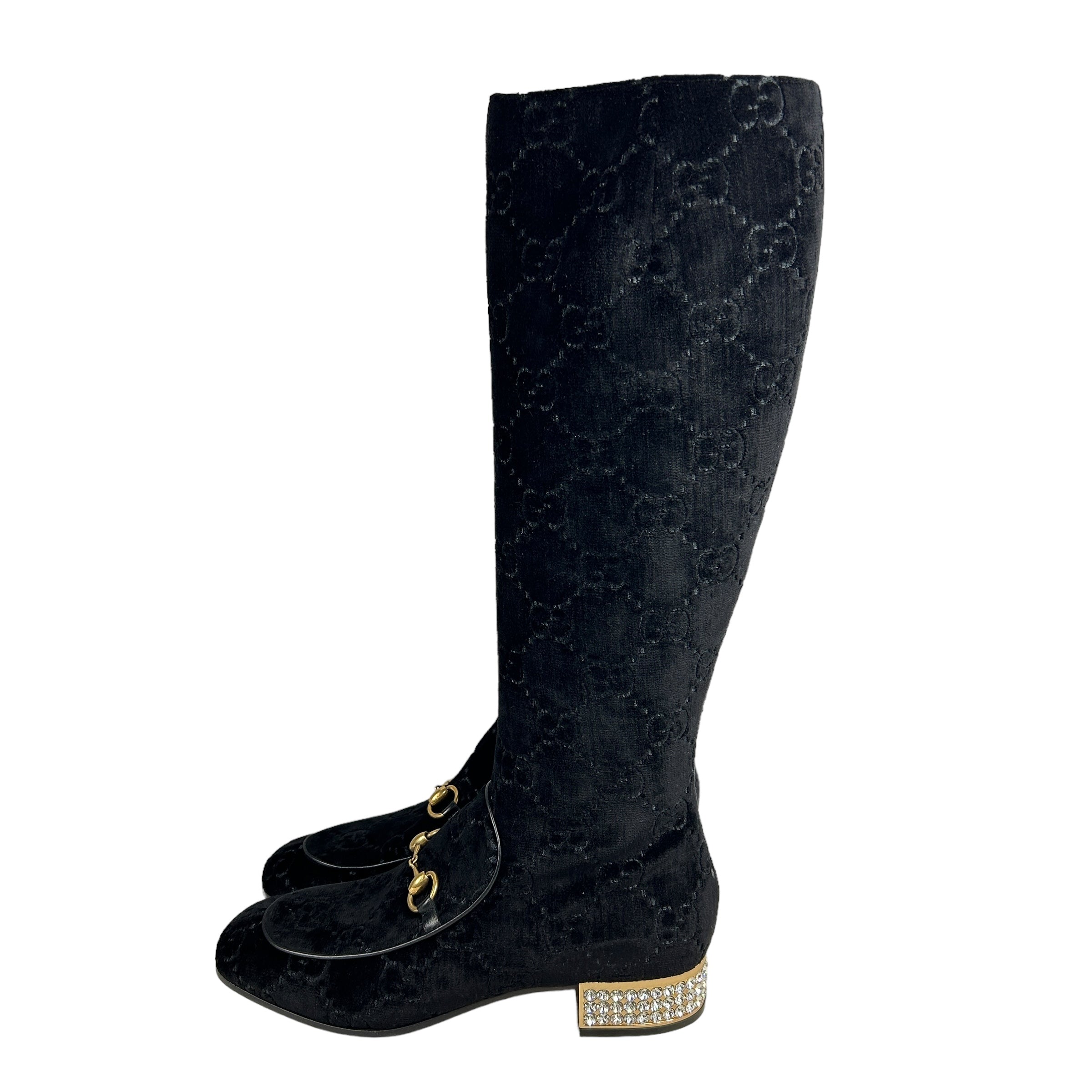 GG Guccissima Black Velvet Monogram Knee High Boots w/Crystal Heels