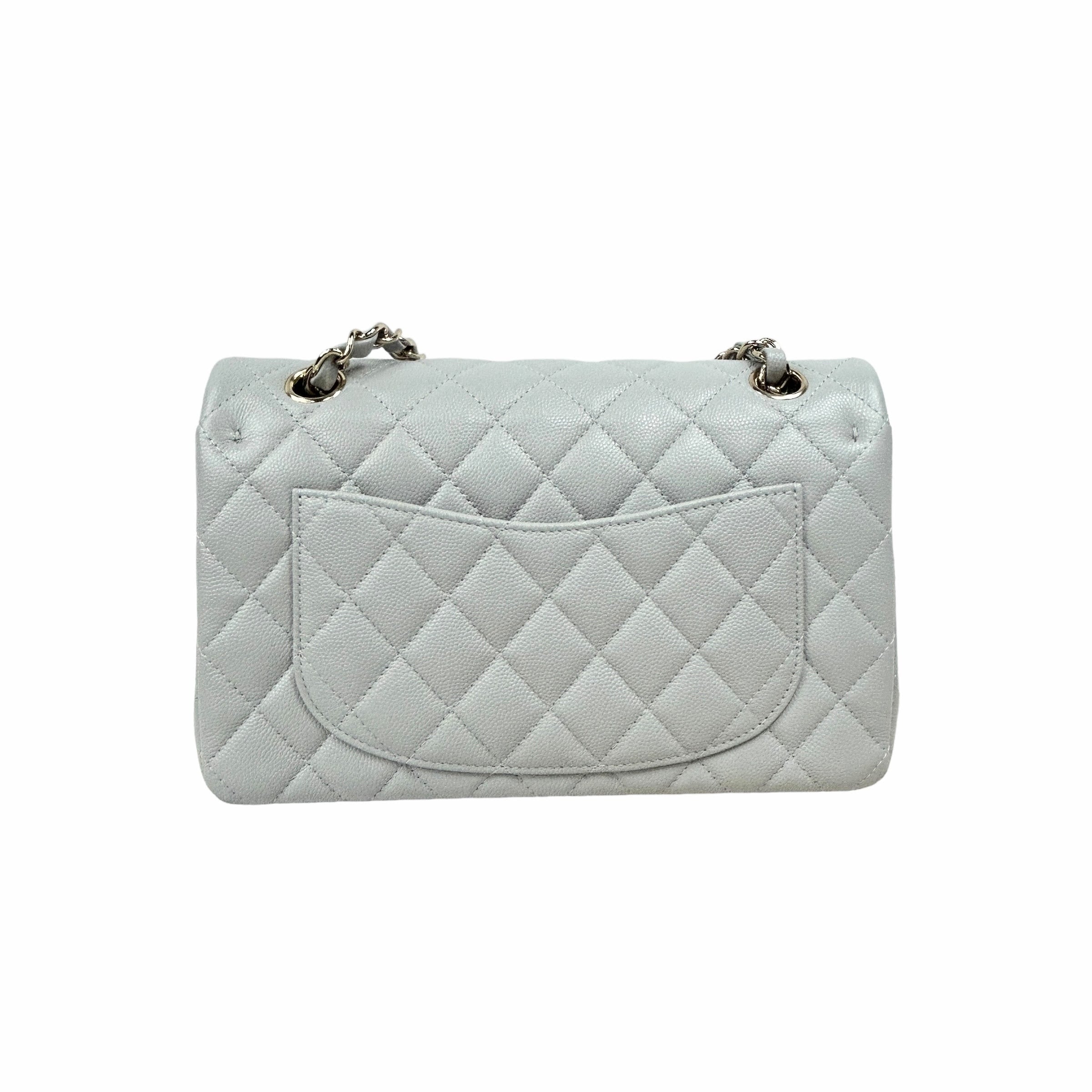 Light Grey Quilted Caviar Small Double Flap Classic W/LGHW-ON LAYAWAY