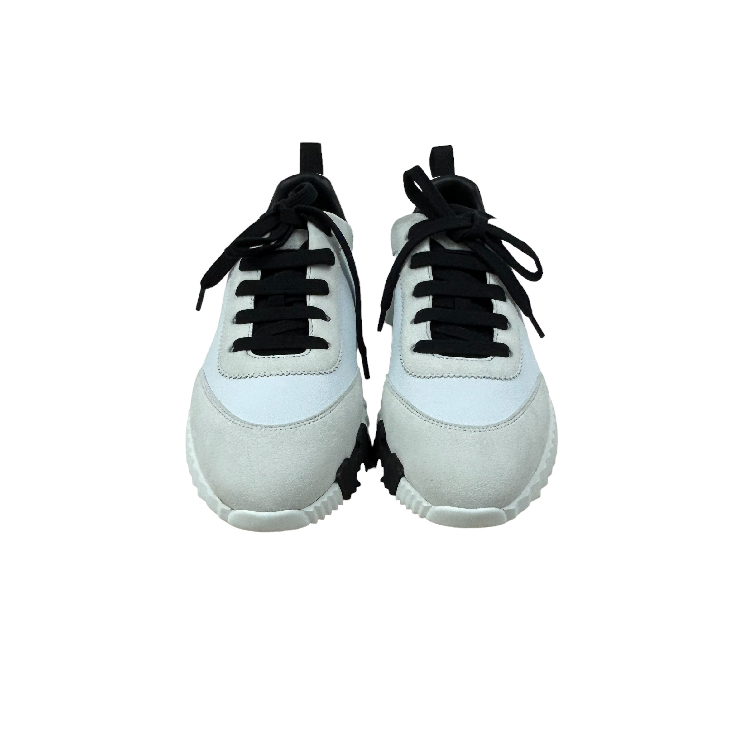 White/Black Suede/ Grained Goatskin Bouncing Sneakers