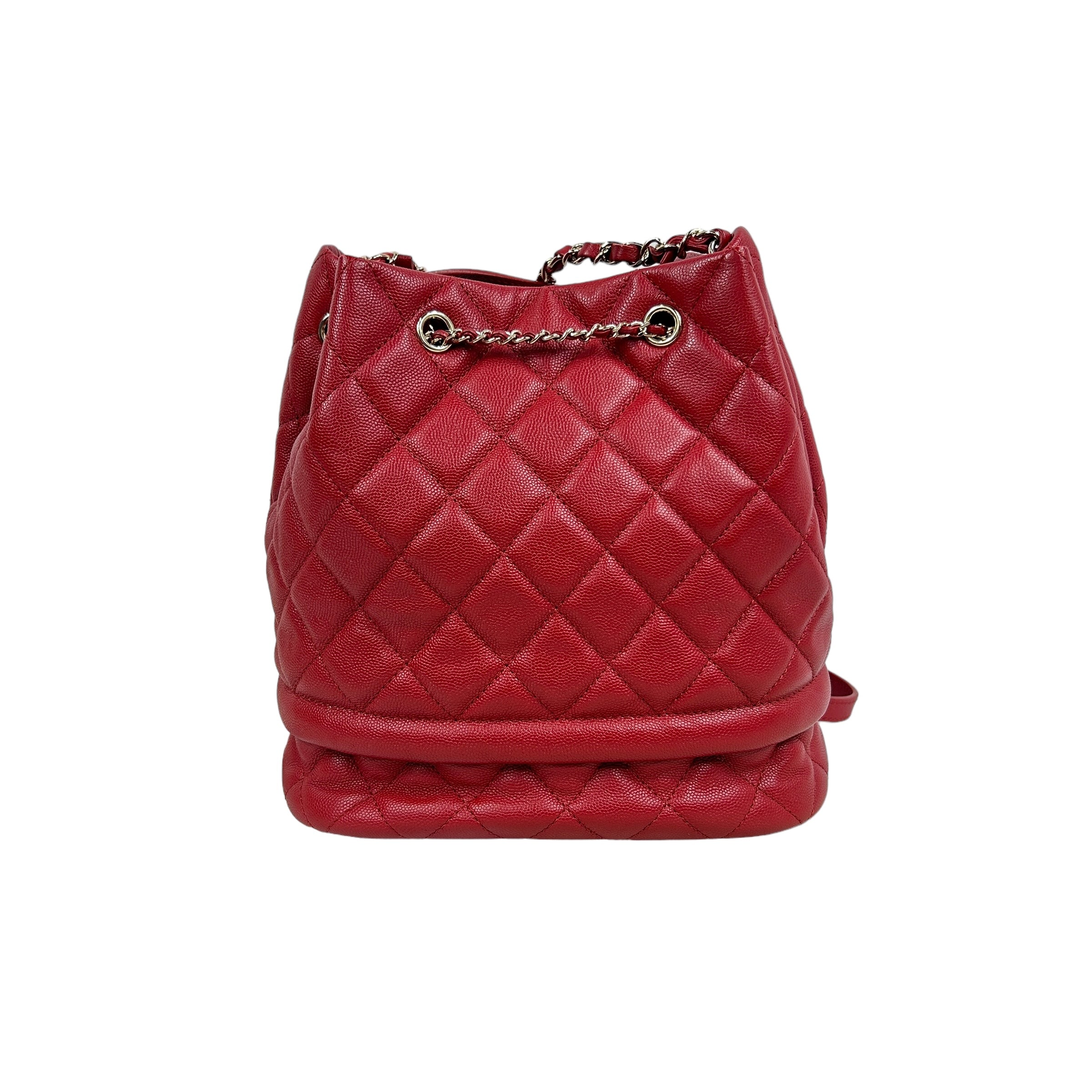 Red Caviar Quilted Medium Rolled Up Bucket Drawstring Bag w/LGHW