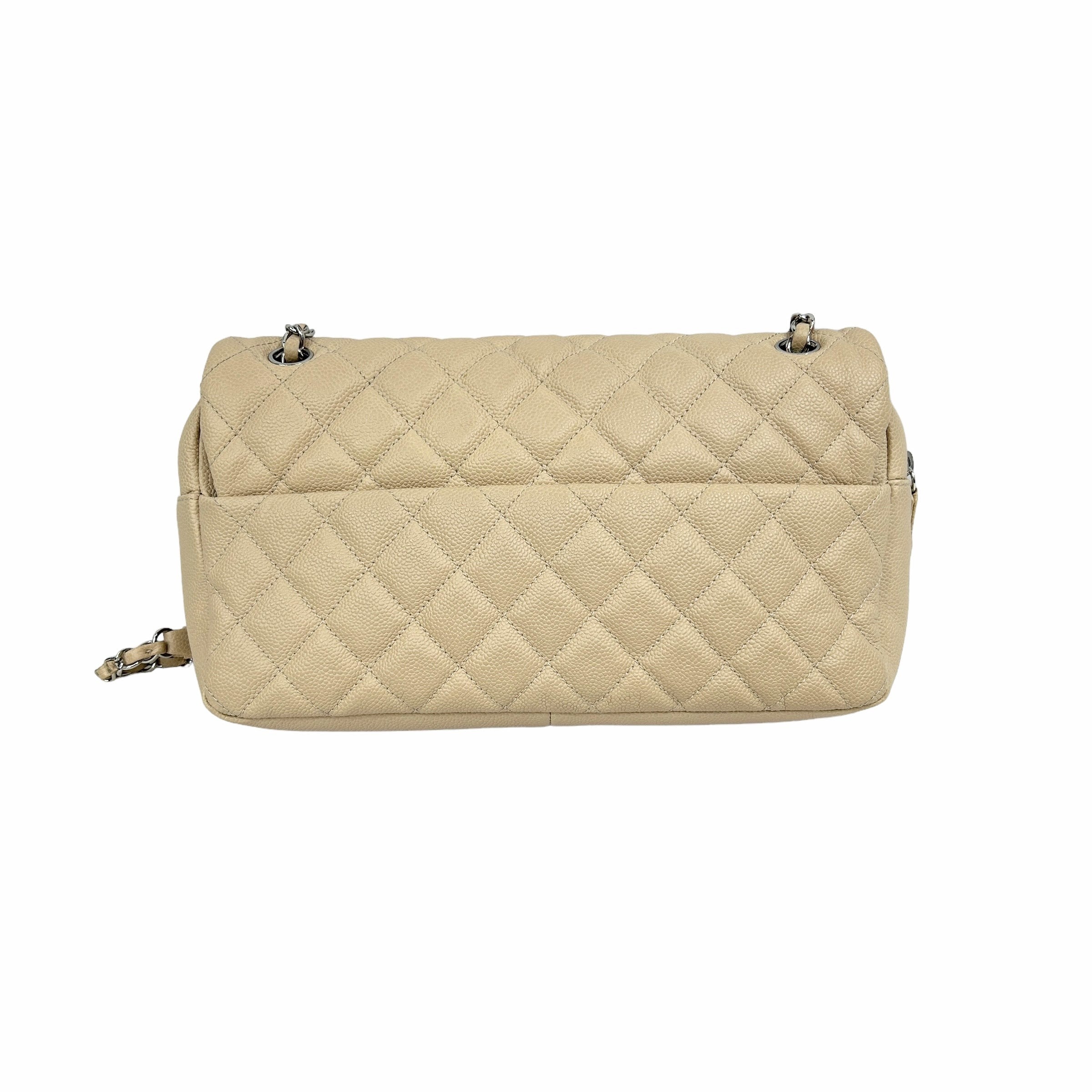 Beige Caviar Quilted Jumbo Classic Easy Flap Bag w/SHW