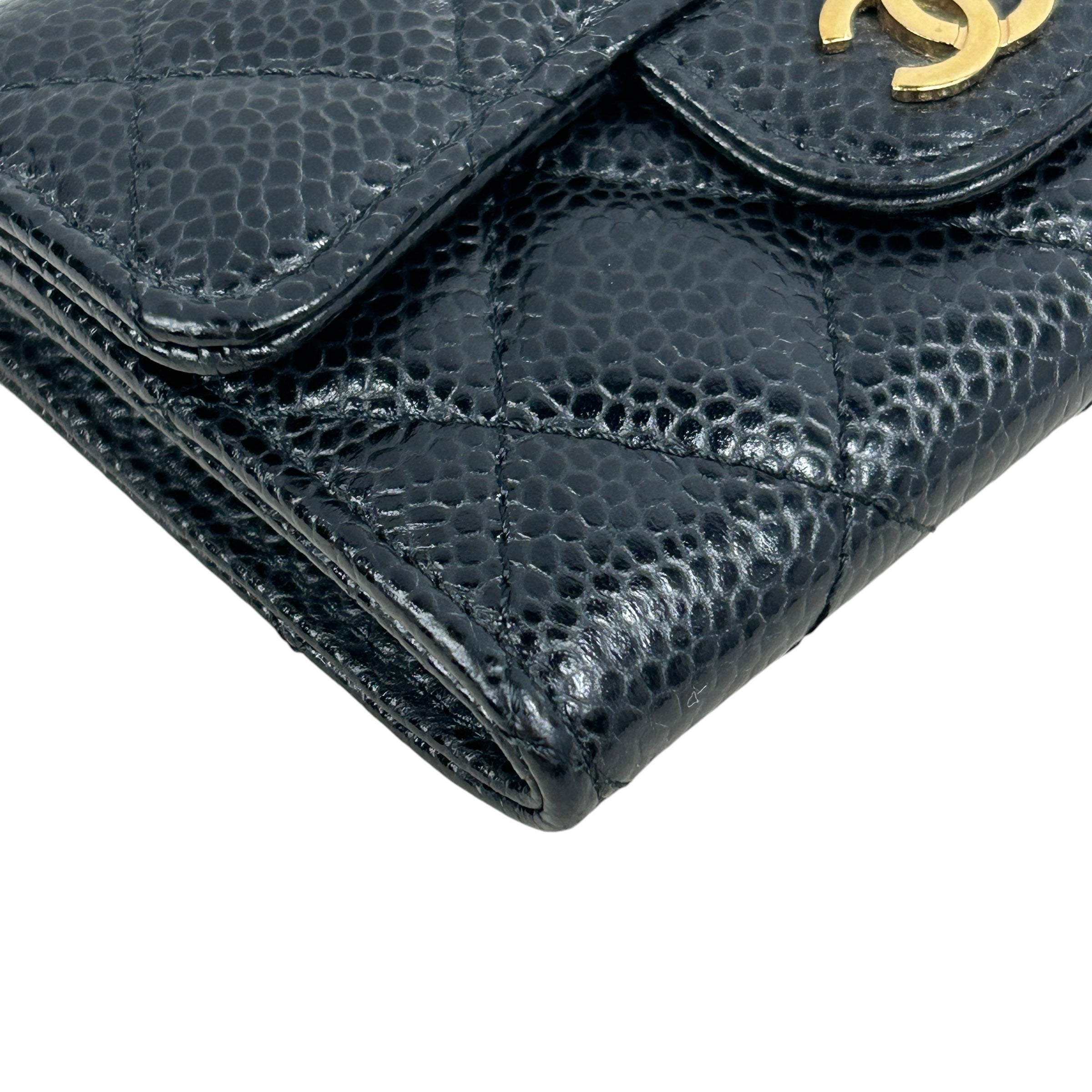 Black Caviar Quilted Card Case Wallet W/GHW