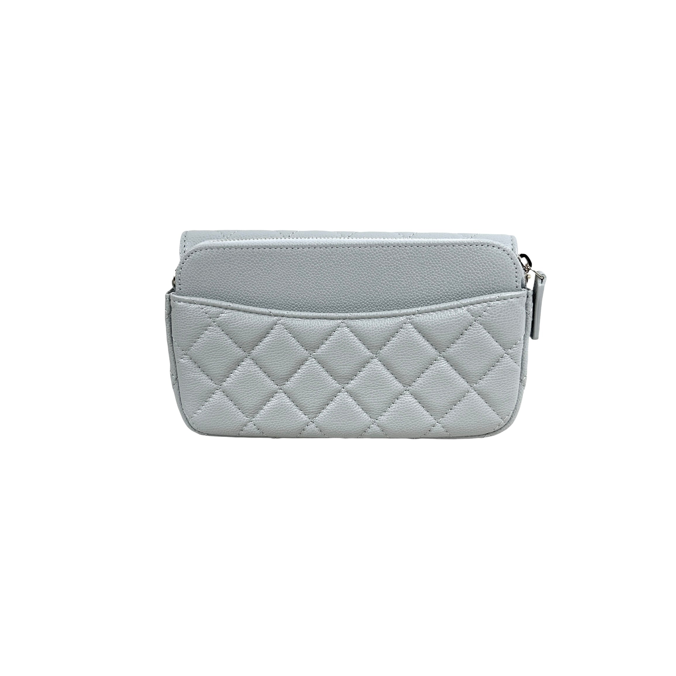 Caviar Quilted Light Grey Wallet/ Phone Holder on Chain w/LGHW