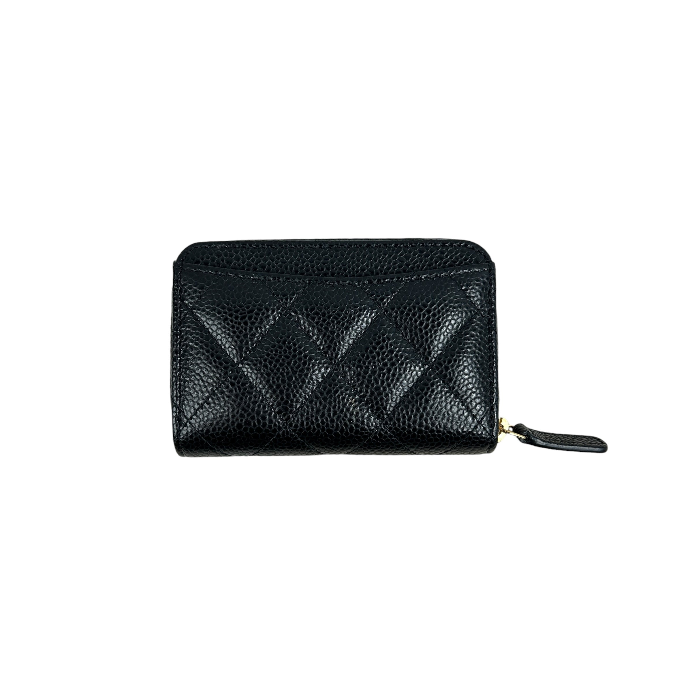 Black Caviar Quilted Zippy Card Wallet w/GHW