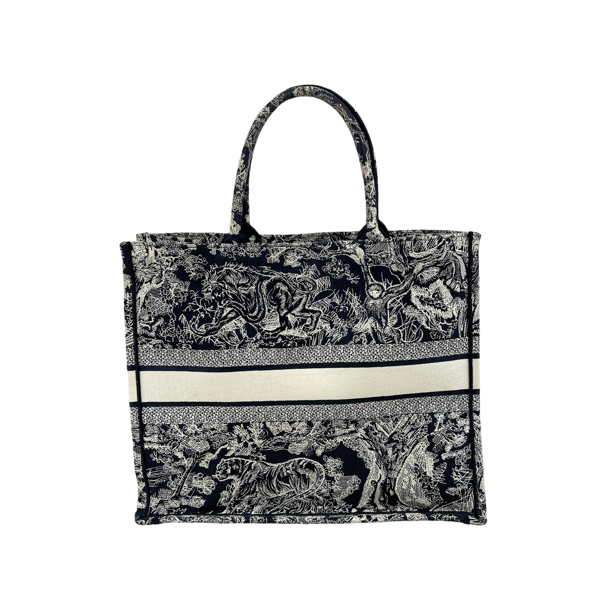 Large Toile De Jouy White/Navy Embroidery Book Tote