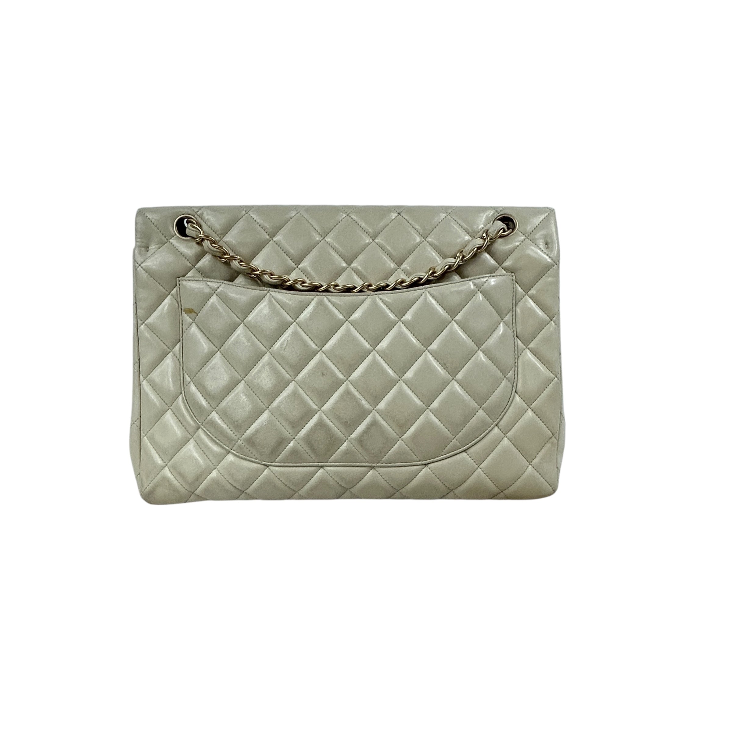 Beige Quilted Lambskin Maxi Single Classic Flap Bag w/MGHW