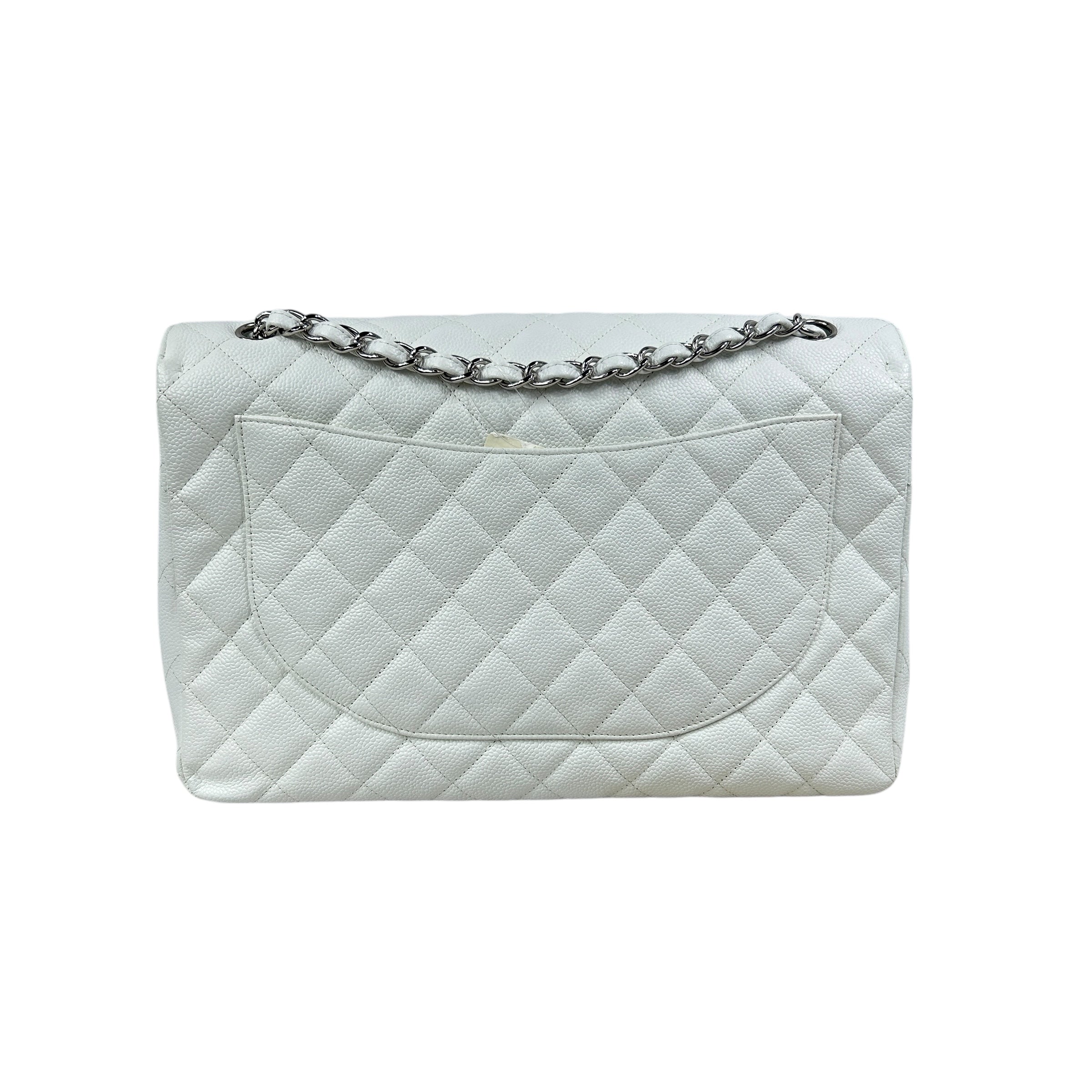 White Caviar Quilted Maxi Single Flap Classic Bag w/SHW