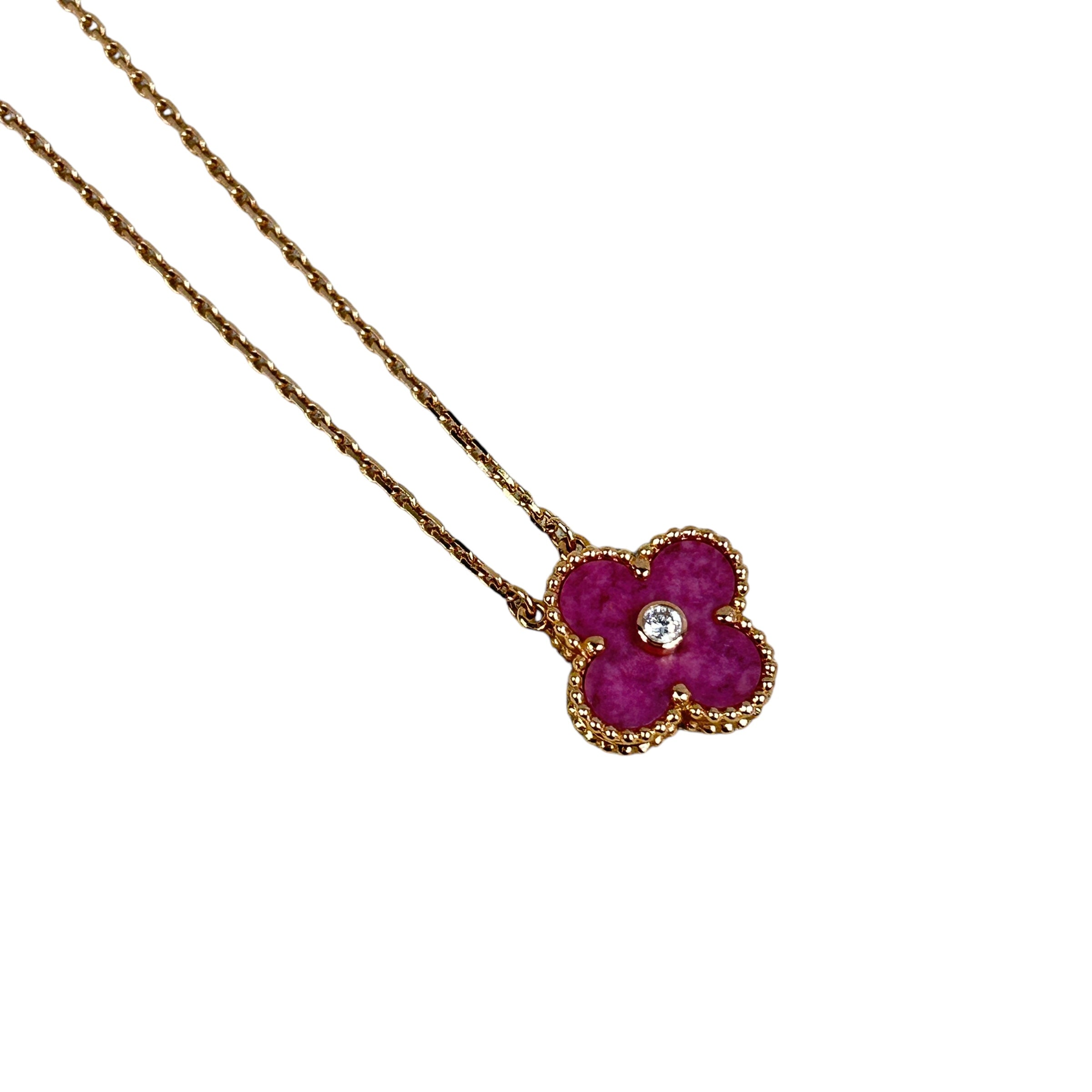 Limited Holiday Edition 18K Rose Gold, Pink Rhodonite and  Diamond Christmas Holiday Alhambra Vintage Pendant