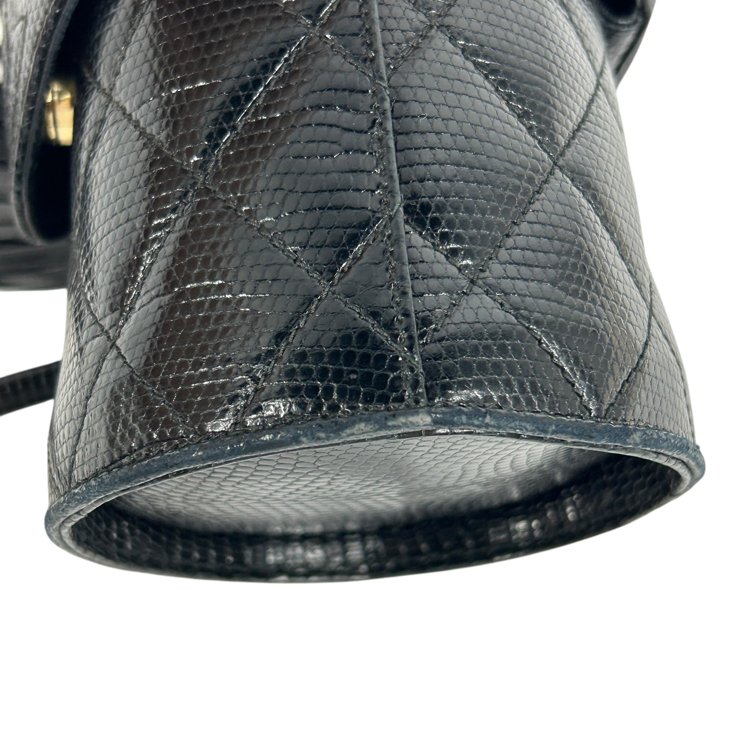 Vintage Black Lizard Leather Quilted Bucket Vanity Bag w/GHW