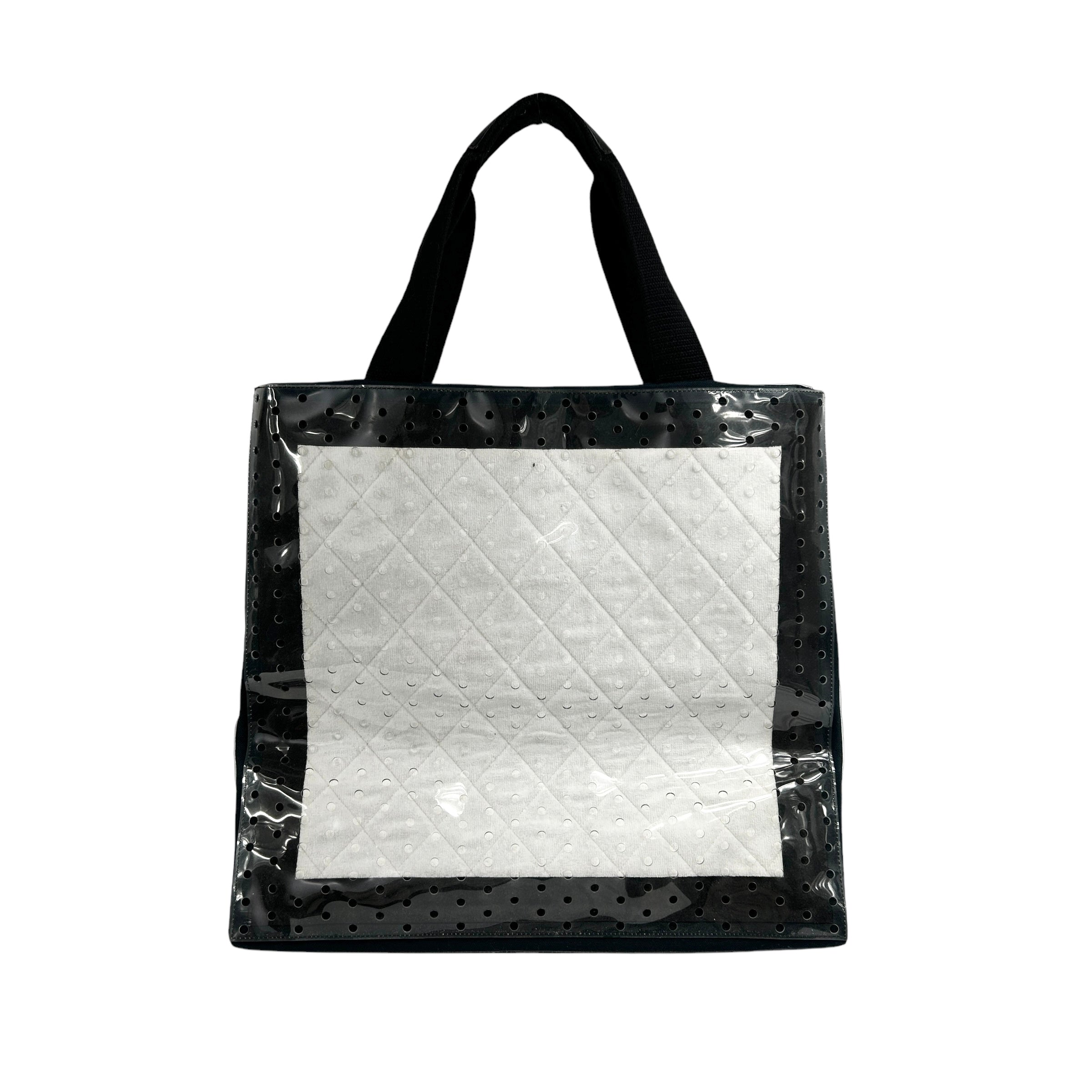 Black & White Perforated Vinyl Canvas Beach Tote Bag w/Leather Handles