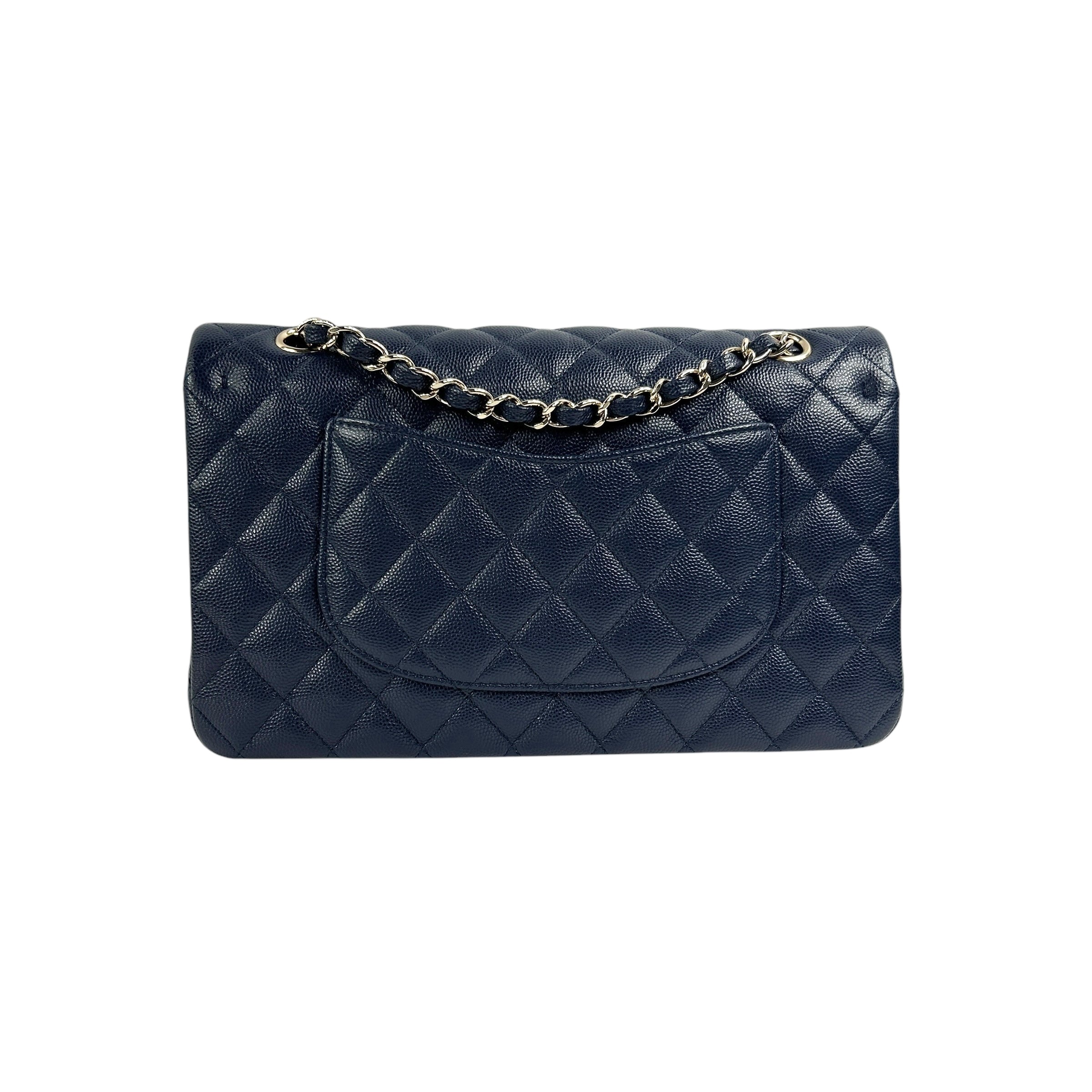 Navy Quilted Caviar Medium Classic Double Flap Bag w/GHW