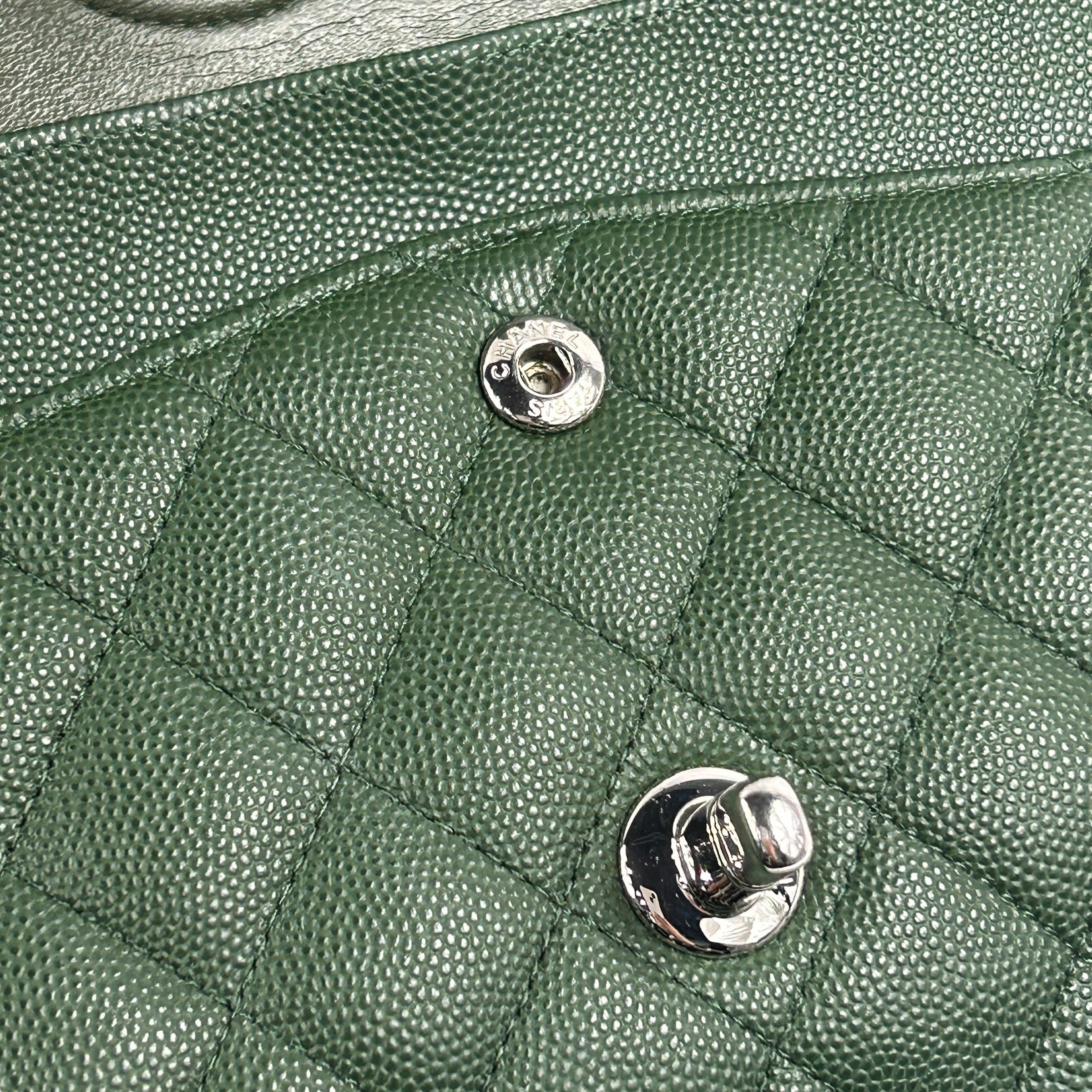 Olive Green Caviar Quilted Medium Classic Double Flap w/SHW