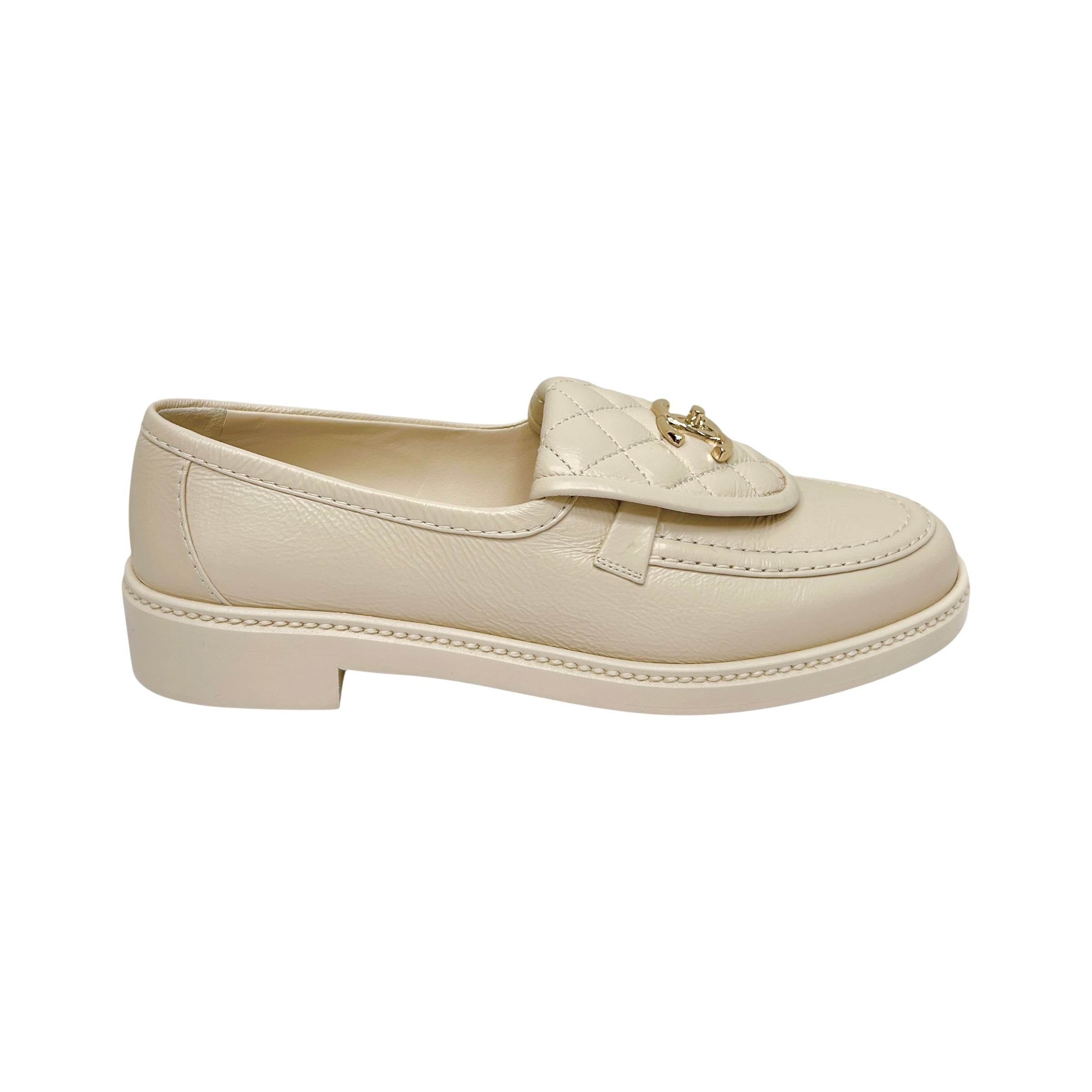 Beige Lamb Quilted Flap Turnlock CC Logo Loafer
