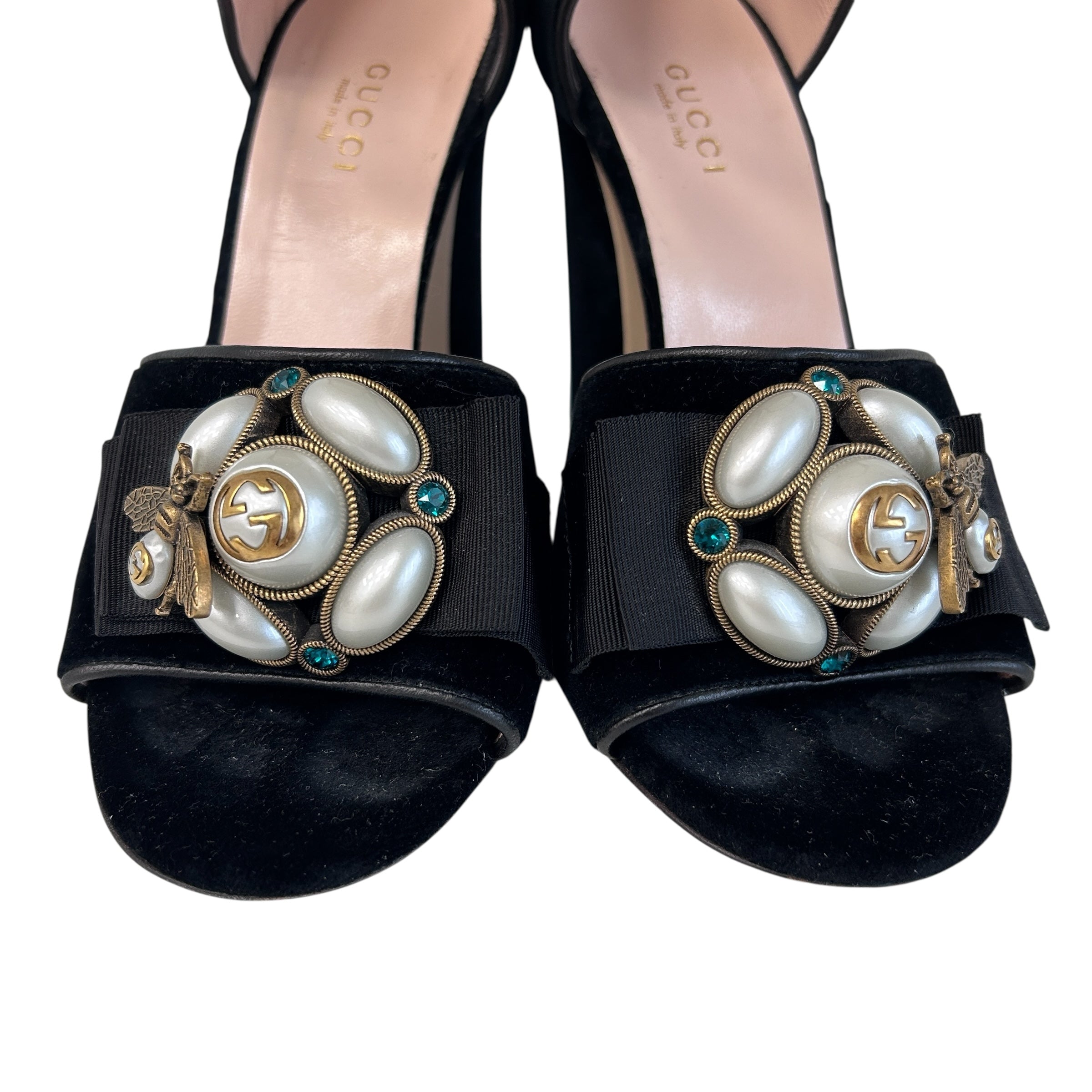 Black Velvet Pearl Bee Logo Heels