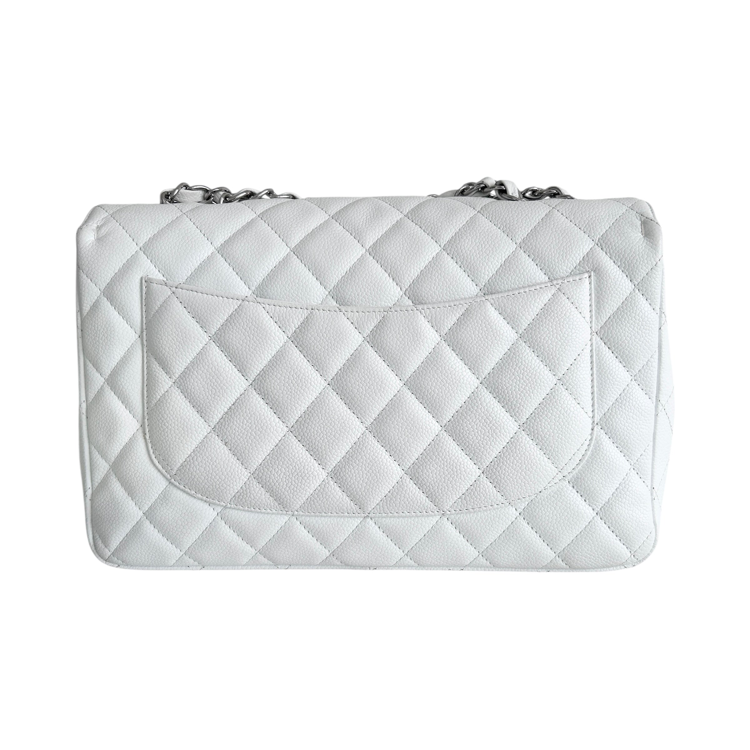 White Caviar Quilted Jumbo Single Flap Bag w/SHW
