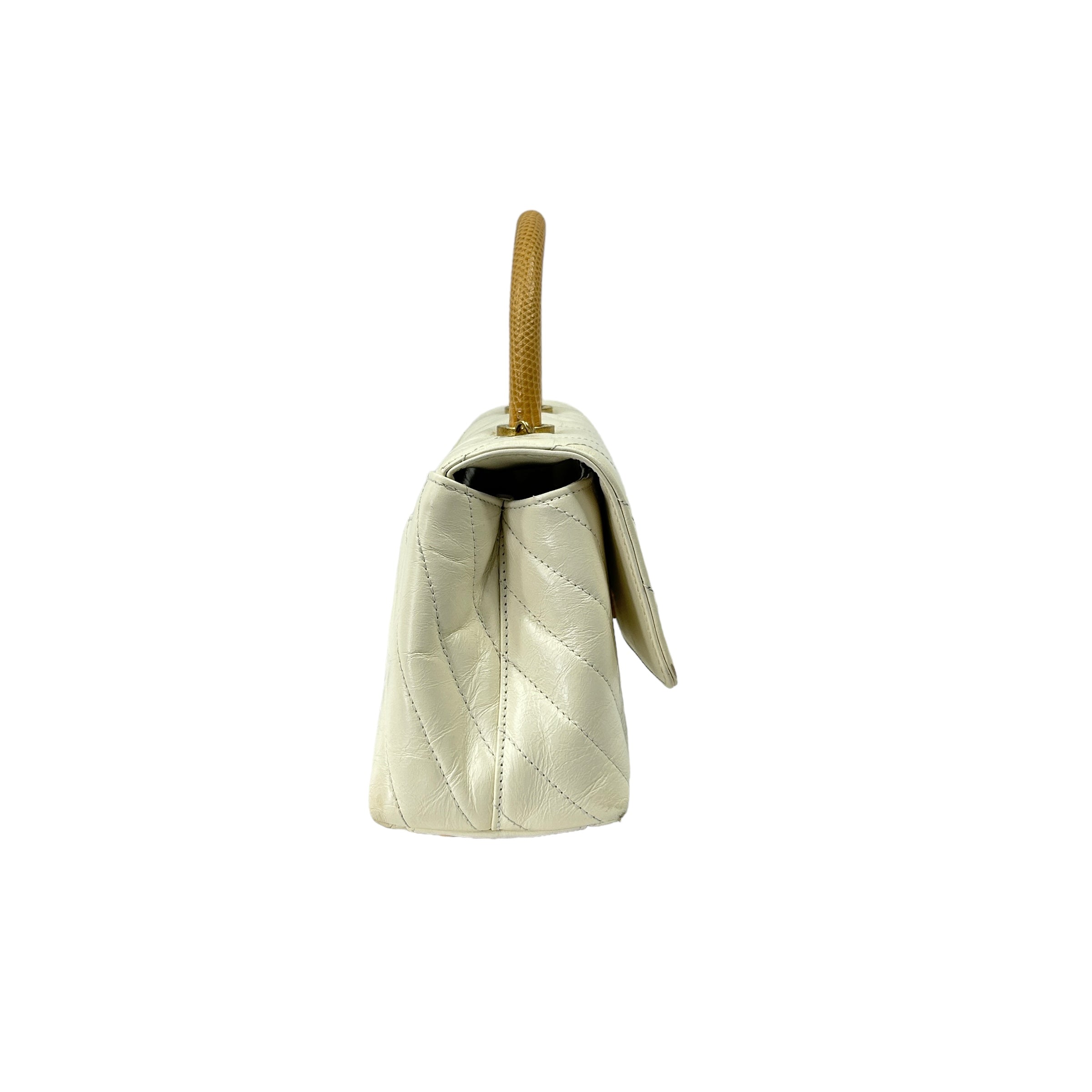 White Chevron Leather Lizard Beige Small Coco Handle
