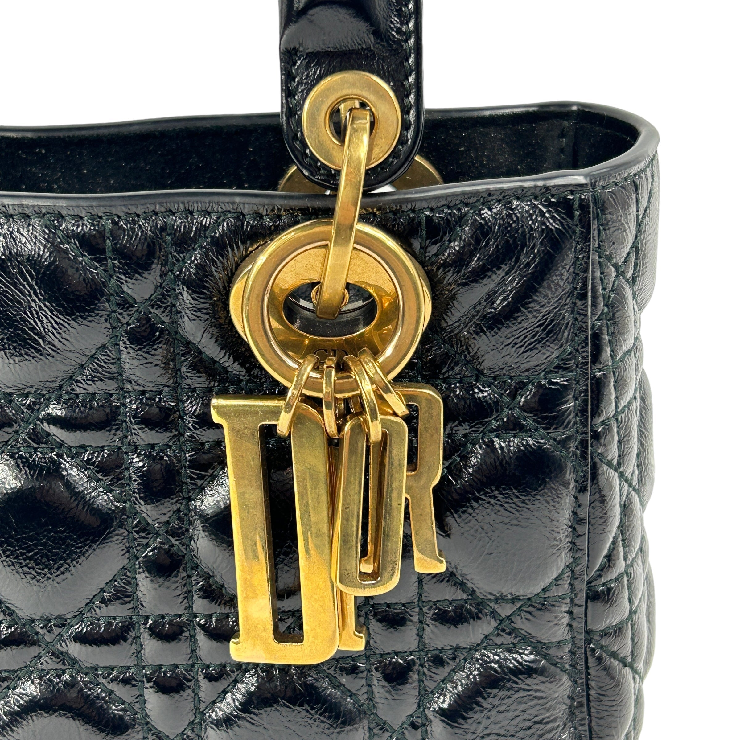 Black aged Glazed Calfskin Small Lady Dior w/AGHW