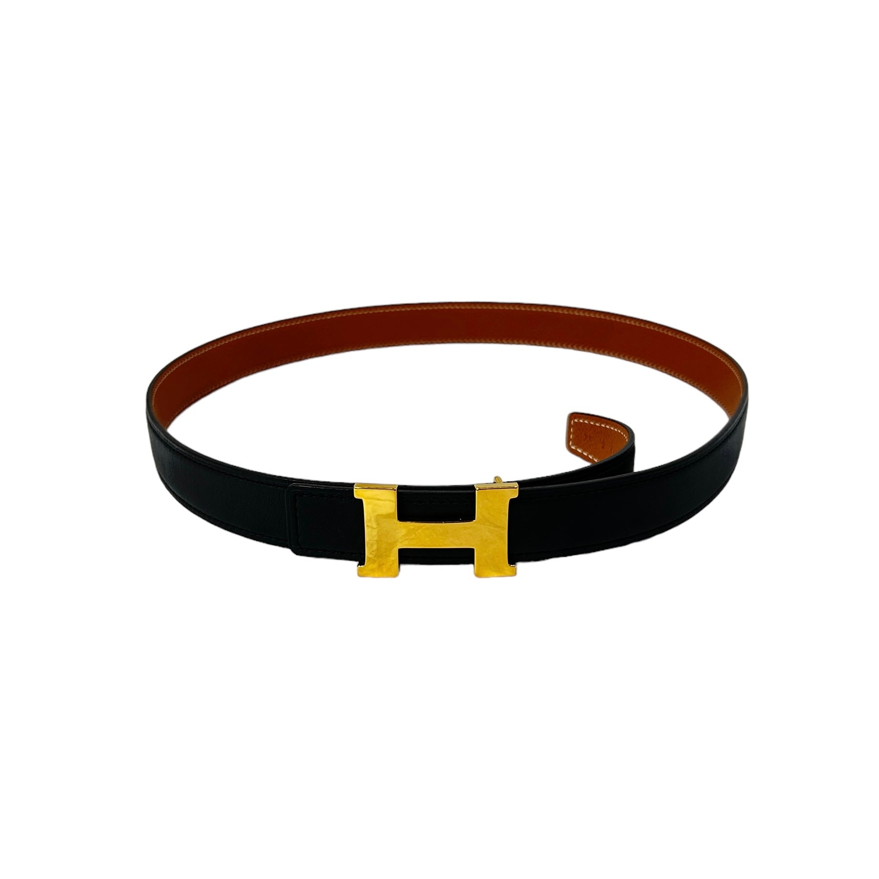 H Thin Reversible Black Boxcalf Leather/ Gold Leather Belt w/GHW