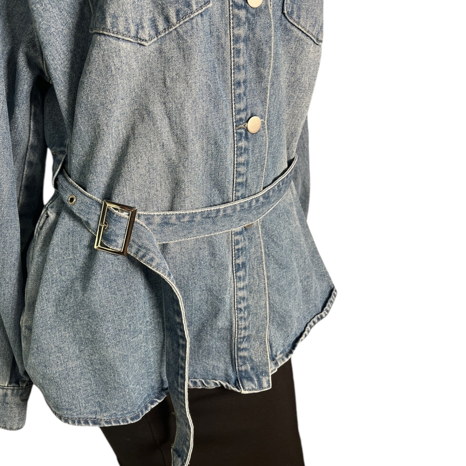 MY DEAREST Light Blue Denim Belted Jacket w/ Pocket Fringe Crystals