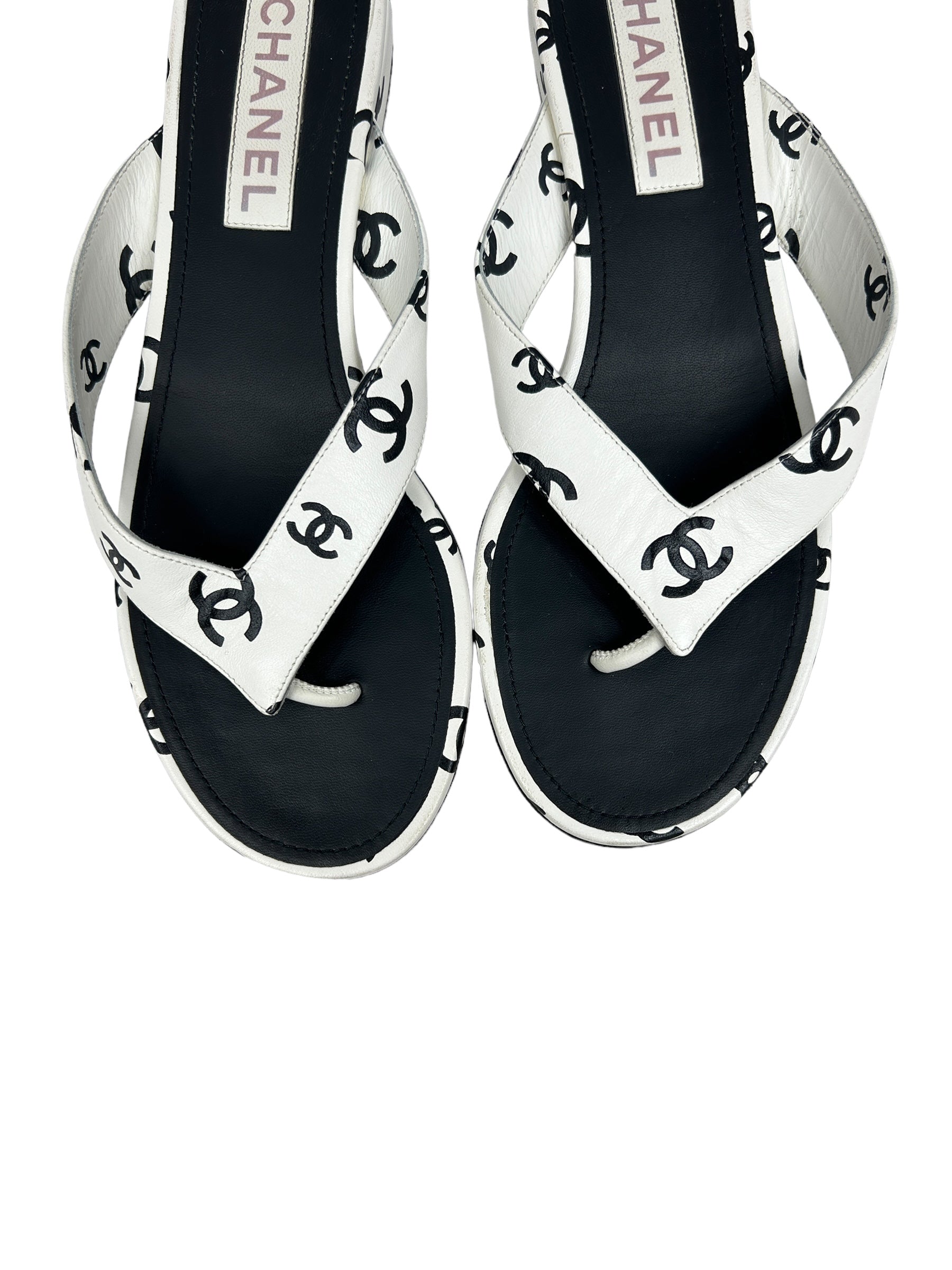 CC White Black Leather Logo Sandals