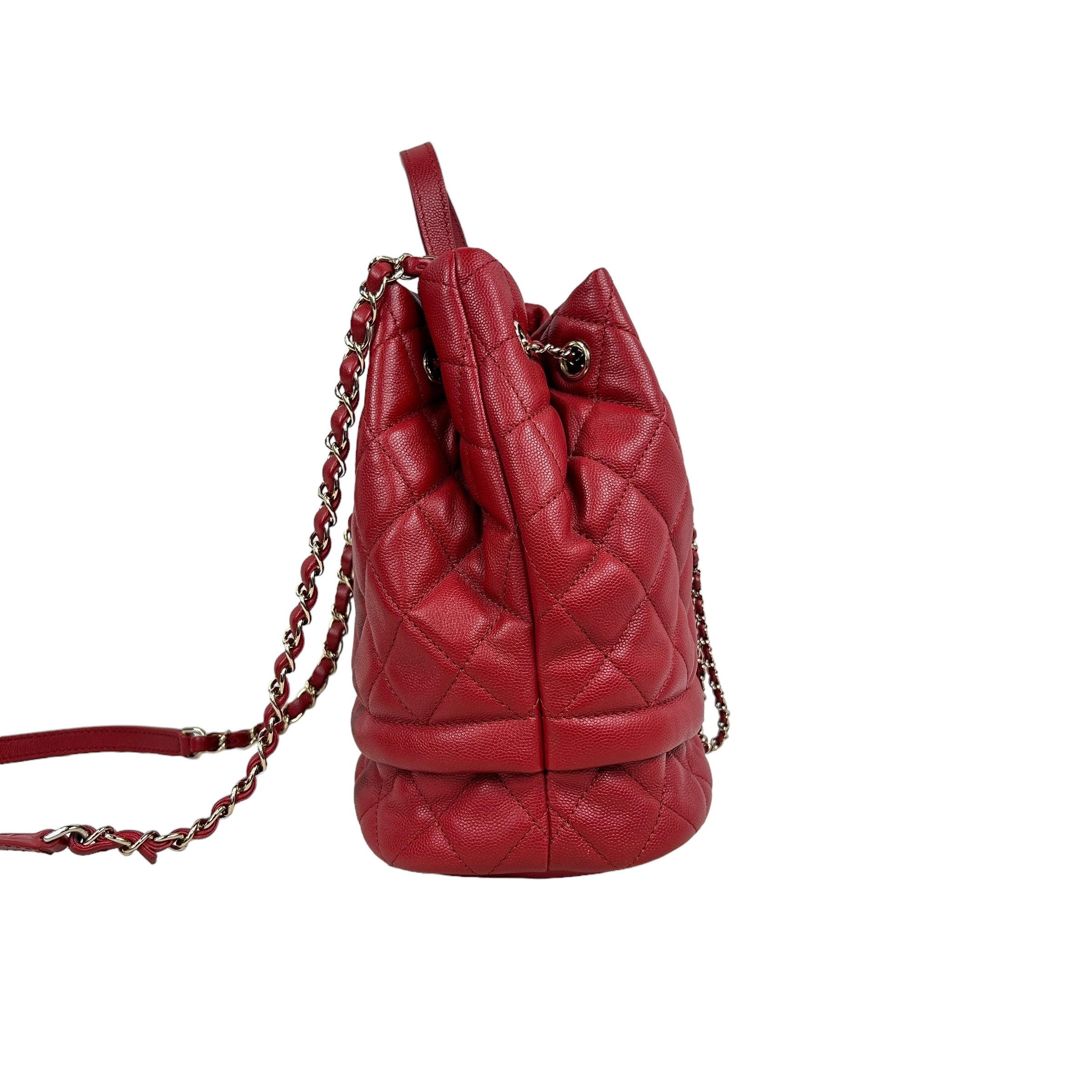 Red Caviar Quilted Medium Rolled Up Bucket Drawstring Bag w/LGHW