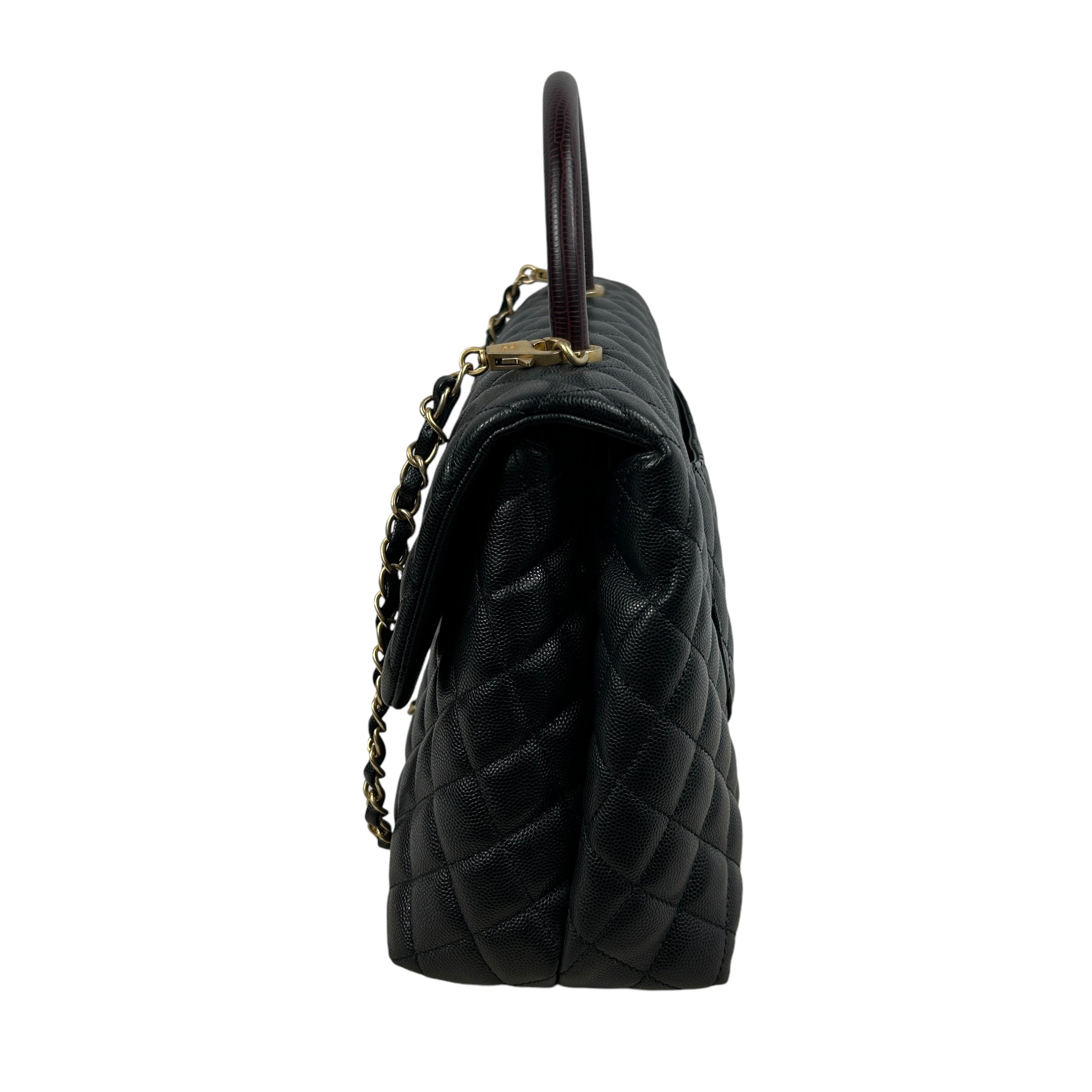 Black Caviar Quilted Coco Top Lizard Handle Large Bag w/AGHW