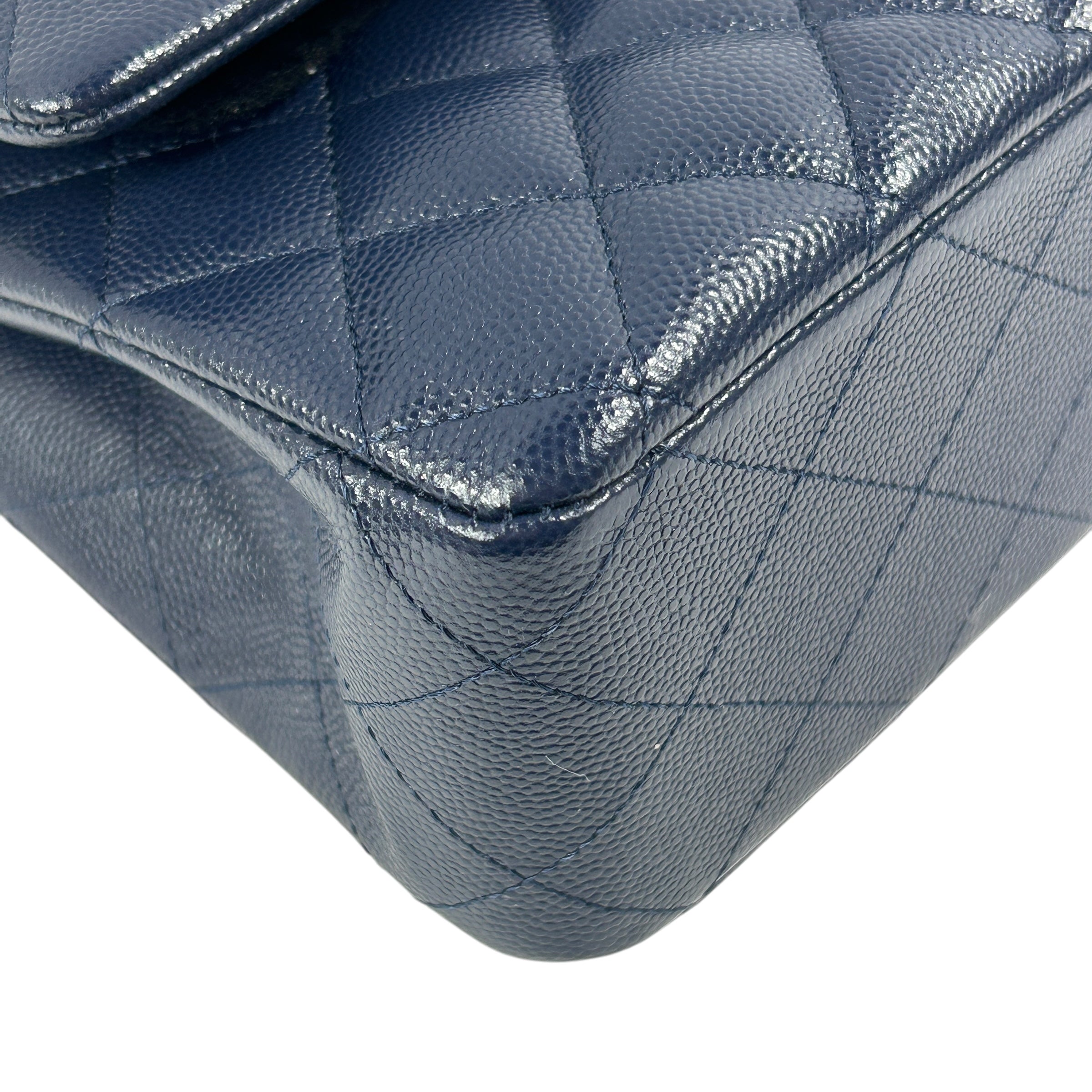 Navy Quilted Caviar Medium Classic Double Flap Bag w/GHW