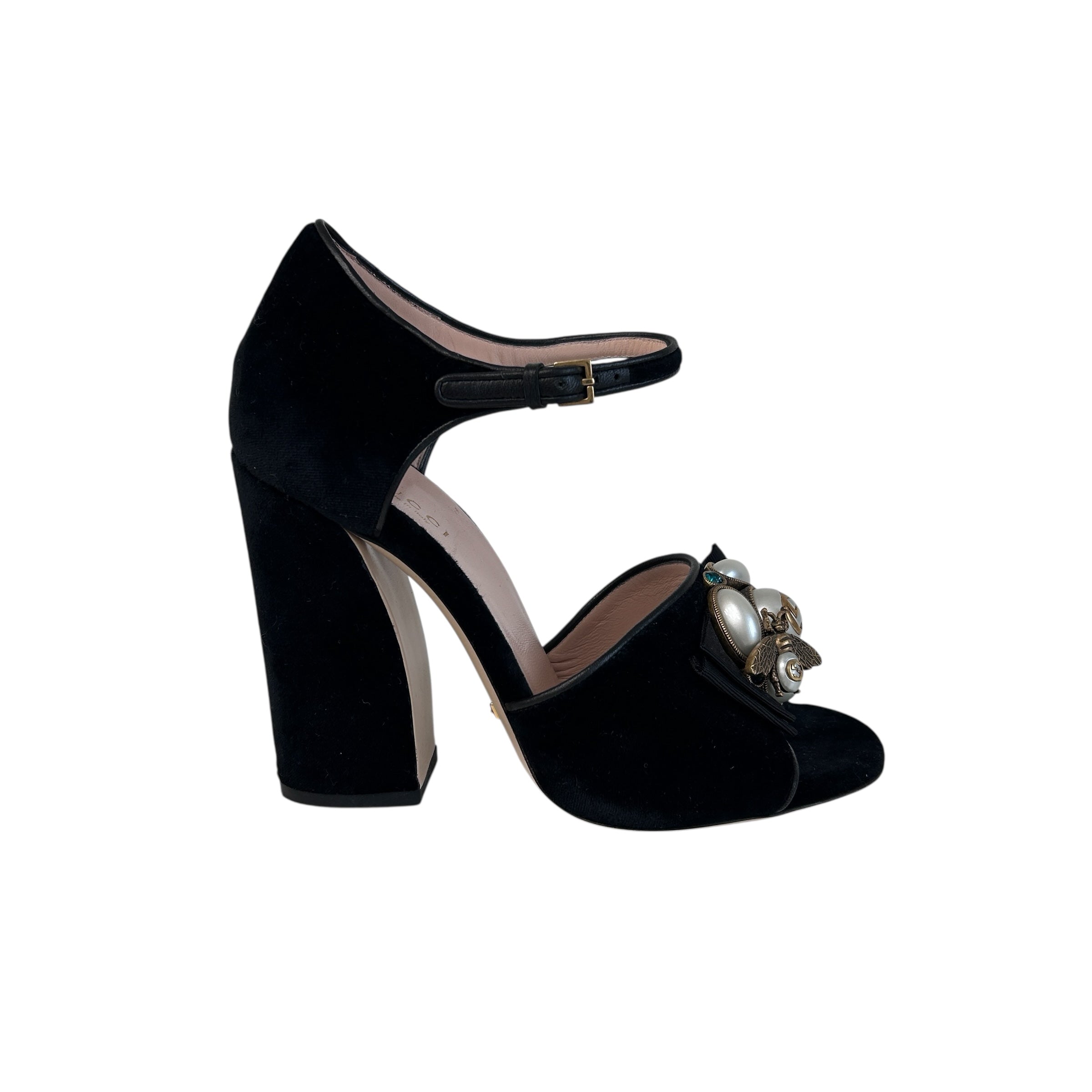 Black Velvet Pearl Bee Logo Heels
